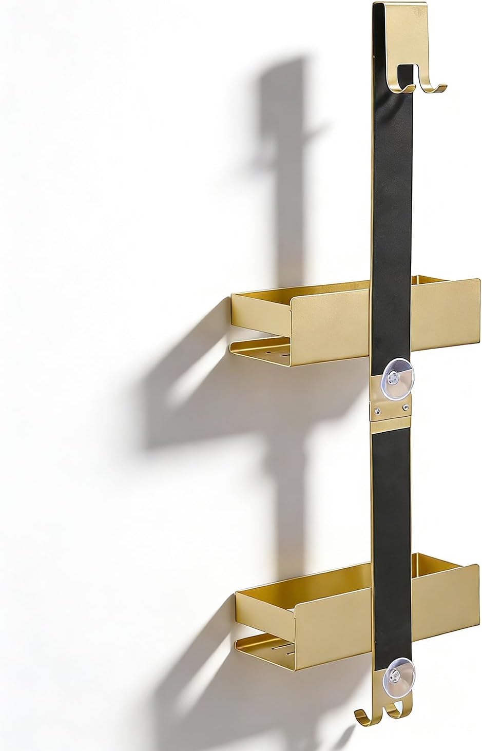 NEWRAIN Shower Caddy Hanging, Over Door Stainless Steel Double Layer Shower Shelf, No Drilling Bathroom Storage for Glass Door with Hooks, Gold