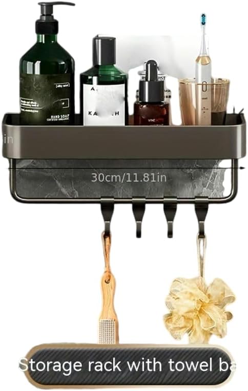 1pc Wall Mounted Bathroom Storage Rack, Aluminum Alloy Bathroom Tray, Shampoo Shower Gel Holder, Bathroom Caddy Organizer, Gray Pallet With Rod-30cm/11.81in