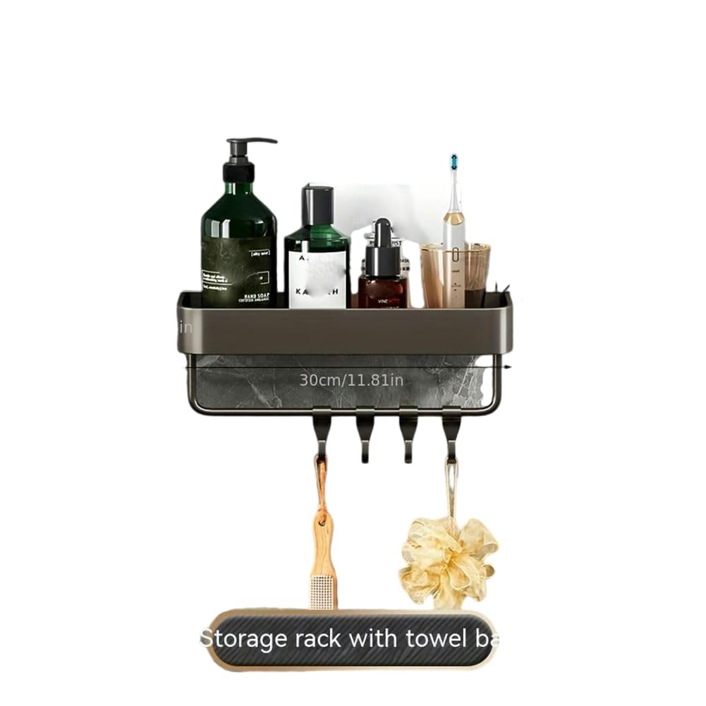 1pc Wall Mounted Bathroom Storage Rack, Aluminum Alloy Bathroom Tray, Shampoo Shower Gel Holder, Bathroom Caddy Organizer, Gray Pallet With Rod-30cm/11.81in