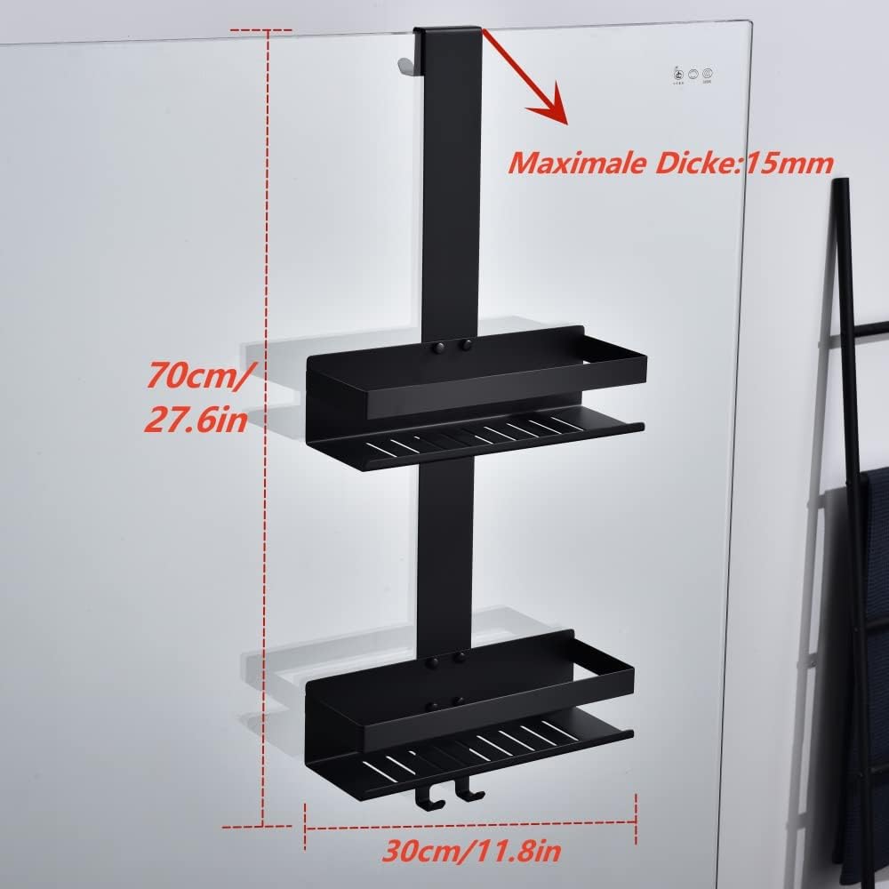 Shower Caddy Hanging, 2-Store Shower Basket Double Shower Shelf for Hanging the Shower Screen, Bathroom Shelf with Hooks, SUS304 Stainless Steel Matte Black