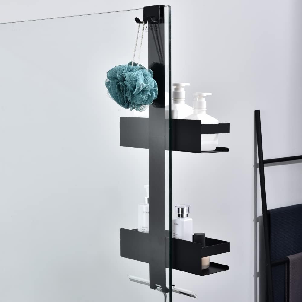 Shower Caddy Hanging, 2-Store Shower Basket Double Shower Shelf for Hanging the Shower Screen, Bathroom Shelf with Hooks, SUS304 Stainless Steel Matte Black