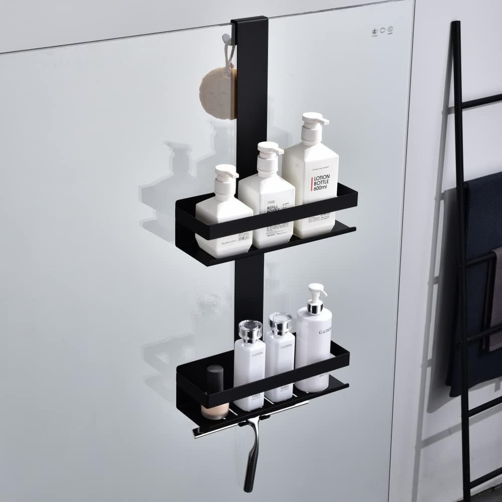 Shower Caddy Hanging, 2-Store Shower Basket Double Shower Shelf for Hanging the Shower Screen, Bathroom Shelf with Hooks, SUS304 Stainless Steel Matte Black