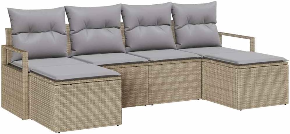 Modular Sofa Set 6 Pieces Beige Poly Rattan UV Resistant with Cushions for Garden, Patio & Balcony
