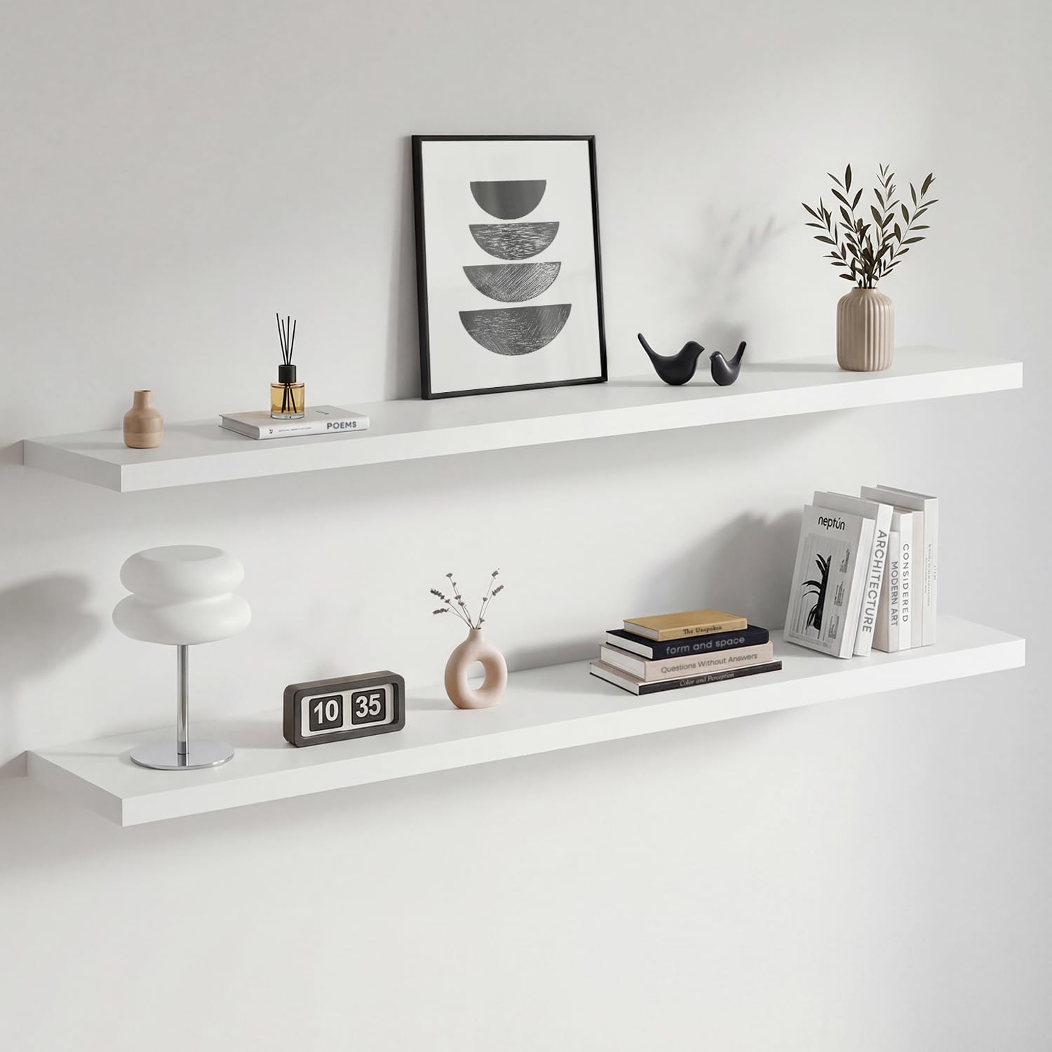 Homeforia White Floating Shelves 24 inch, High End Solid Real Wood 24inch Bathroom Floating Shelf for Wall Mounted, White Wooden 24in Floating Shelves, Heavy Duty Bracket, 24 X 6.5 X 1.75 in, Set of 2