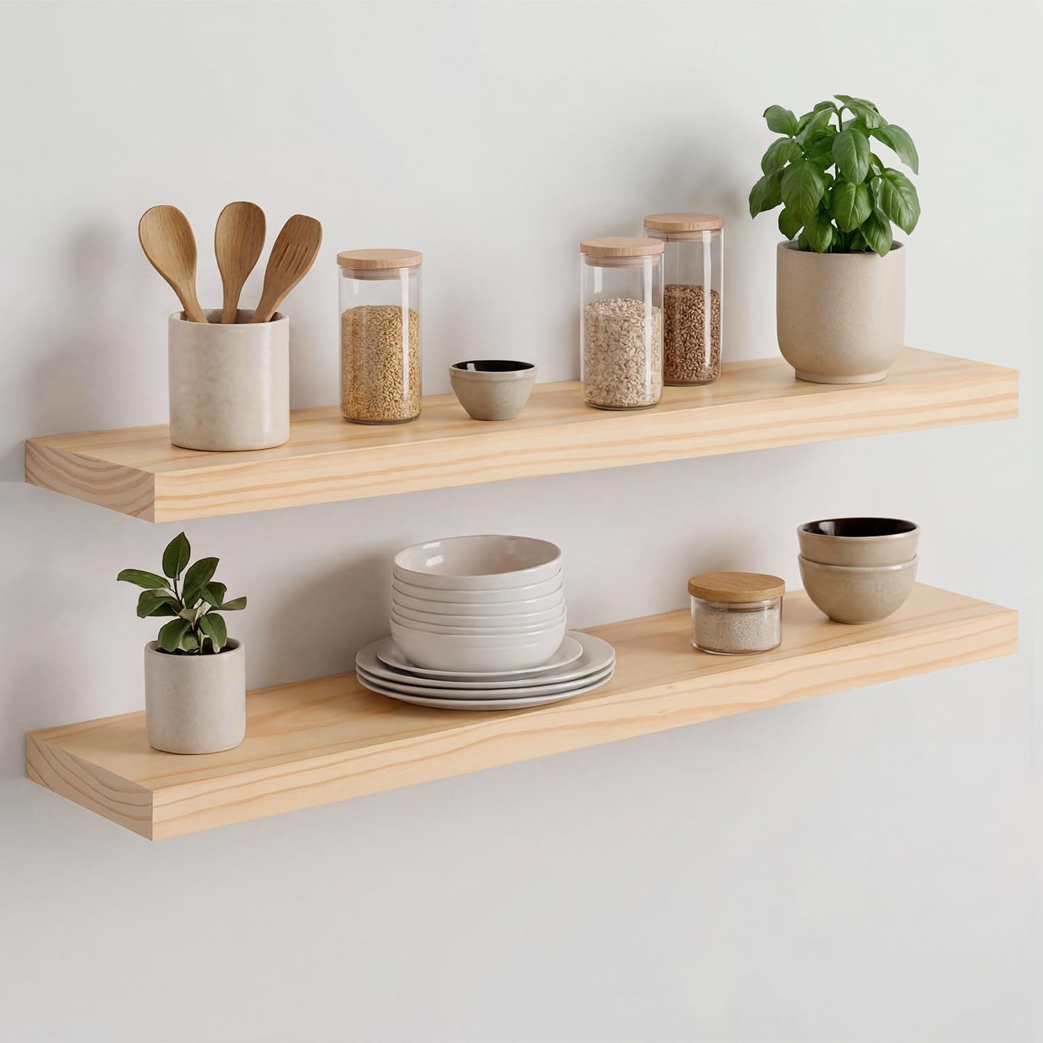 Homeforia White Floating Shelves 24 inch, High End Solid Real Wood 24inch Bathroom Floating Shelf for Wall Mounted, White Wooden 24in Floating Shelves, Heavy Duty Bracket, 24 X 6.5 X 1.75 in, Set of 2