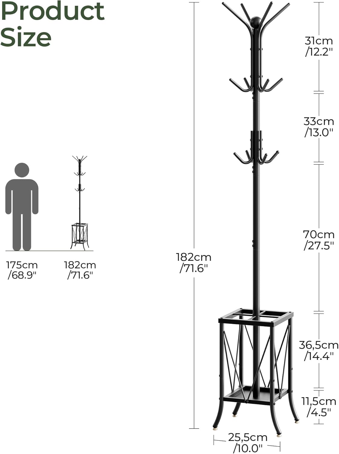 CHOEZON Coat Stand with Umbrella Holder, Coat Rack Freestanding, Entryway Hanger Stand with12 Hooks, Metal Hall Tree for Bags, Coats, Hats, Entryway, Hallway, Living Room, Bedroom, Black DTYM01BB
