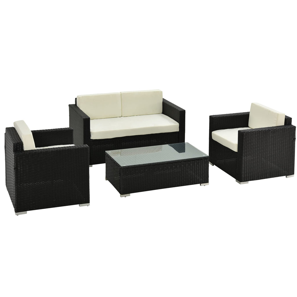 Outsunny 4 Pieces Outdoor PE Rattan Sofa Set with Cushions, Patio Wicker Conversation Furniture Set with Glass Top Coffee Table, Mixed Grey