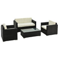 Outsunny 4 Pieces Outdoor PE Rattan Sofa Set with Cushions, Patio Wicker Conversation Furniture Set with Glass Top Coffee Table, Mixed Grey