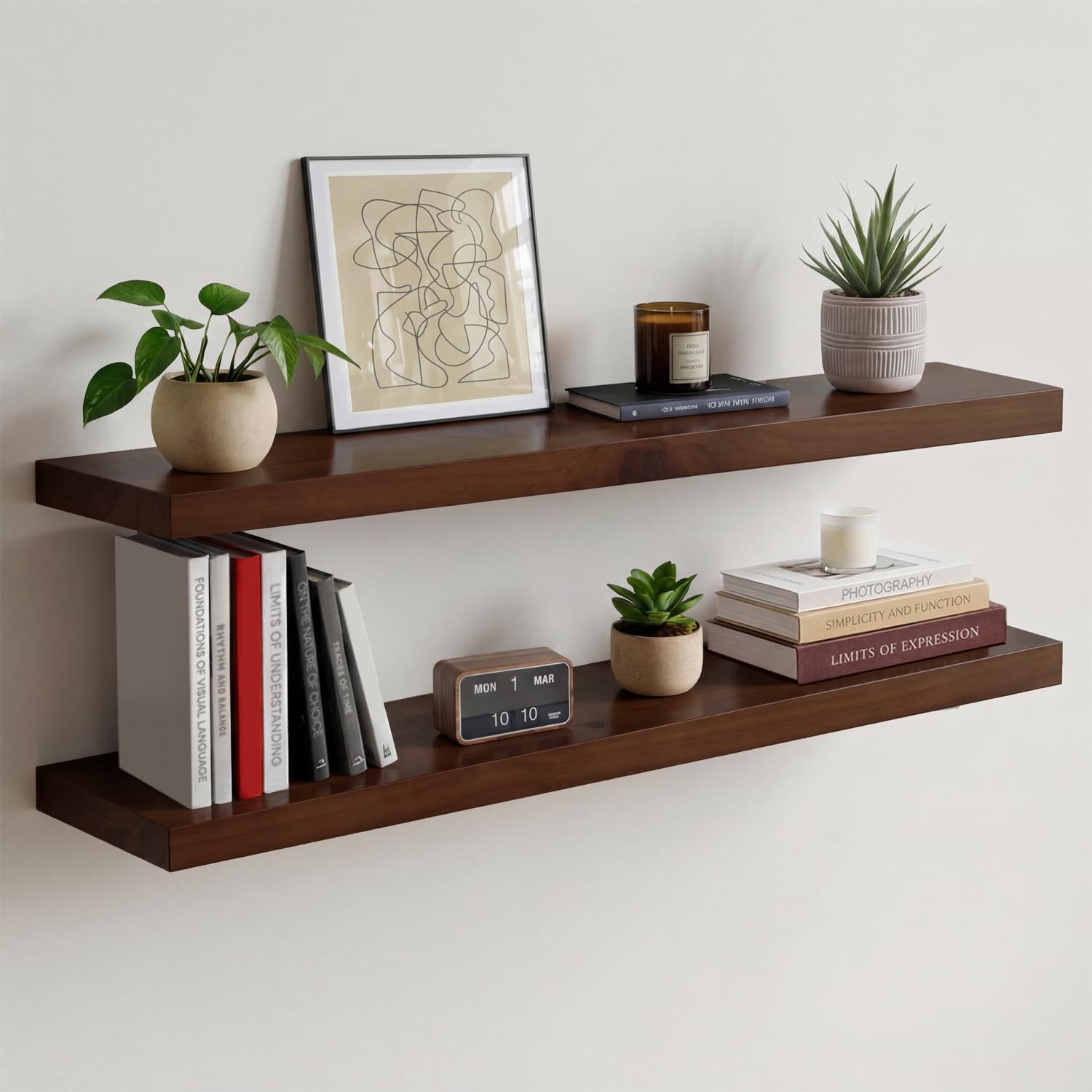 Homeforia White Floating Shelves 24 inch, High End Solid Real Wood 24inch Bathroom Floating Shelf for Wall Mounted, White Wooden 24in Floating Shelves, Heavy Duty Bracket, 24 X 6.5 X 1.75 in, Set of 2