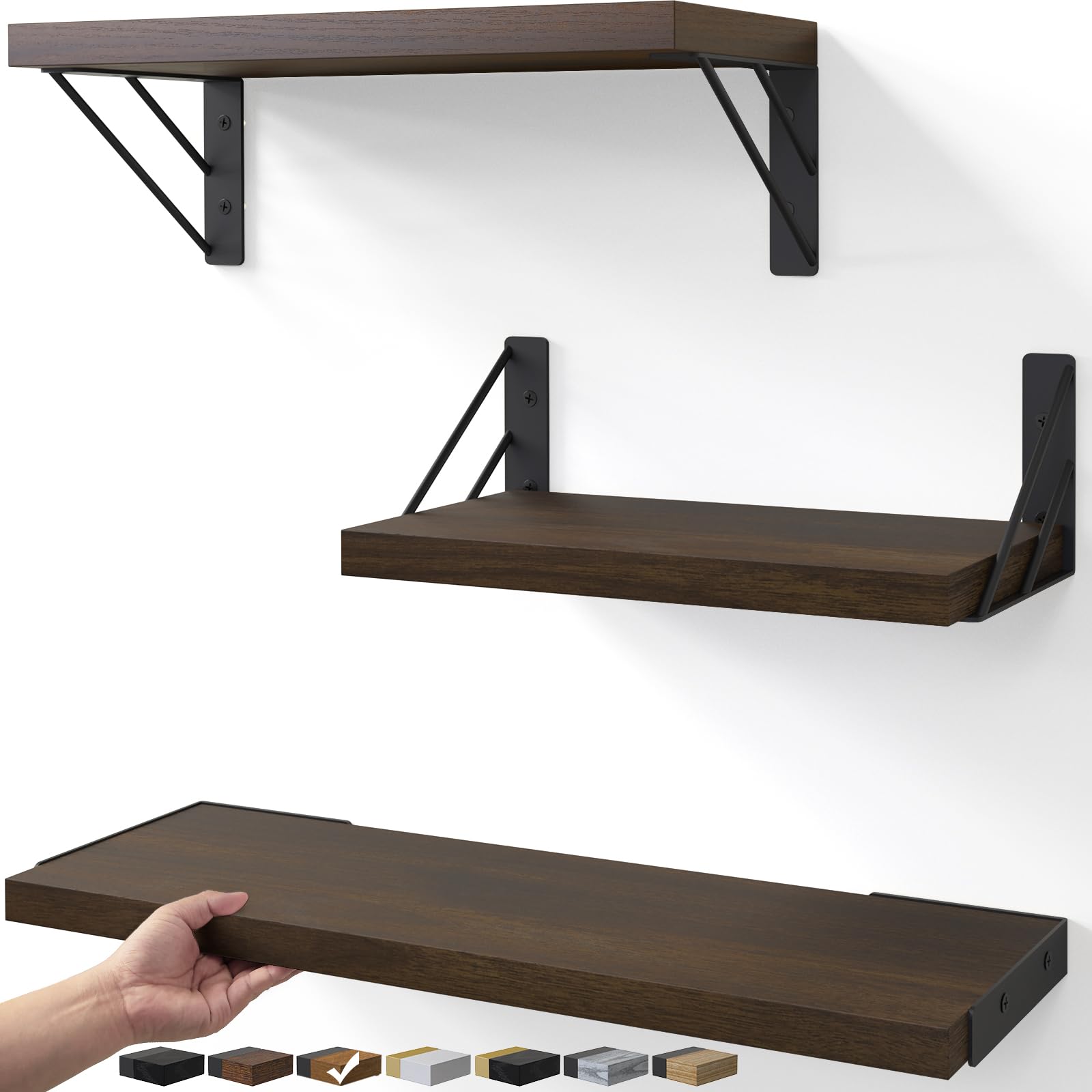 23in Rustic Brown Floating Shelves, Set of 4 Wall Mount Wood Shelves for Bedroom Bathroom Kitchen