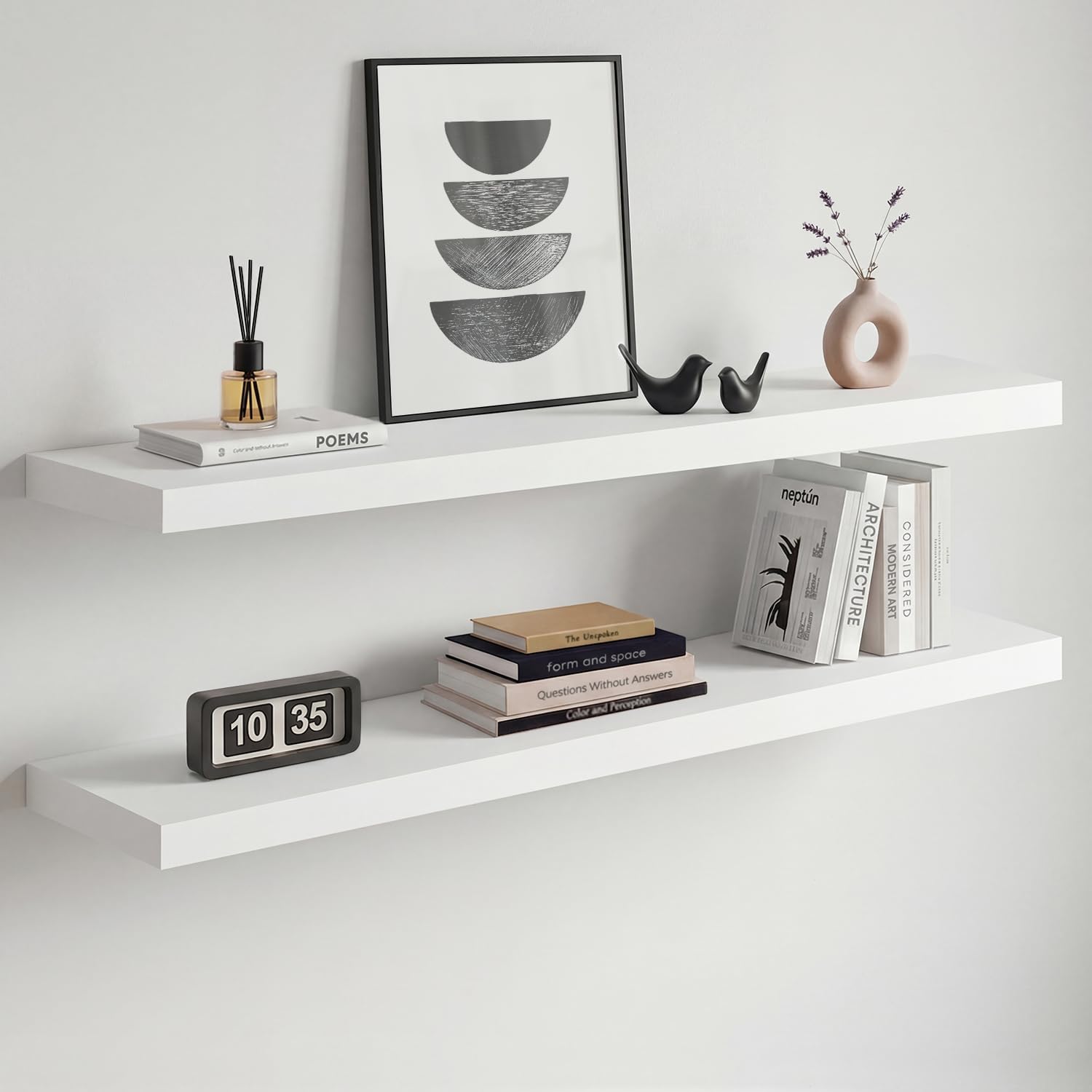 Homeforia White Floating Shelves 24 inch, High End Solid Real Wood 24inch Bathroom Floating Shelf for Wall Mounted, White Wooden 24in Floating Shelves, Heavy Duty Bracket, 24 X 6.5 X 1.75 in, Set of 2