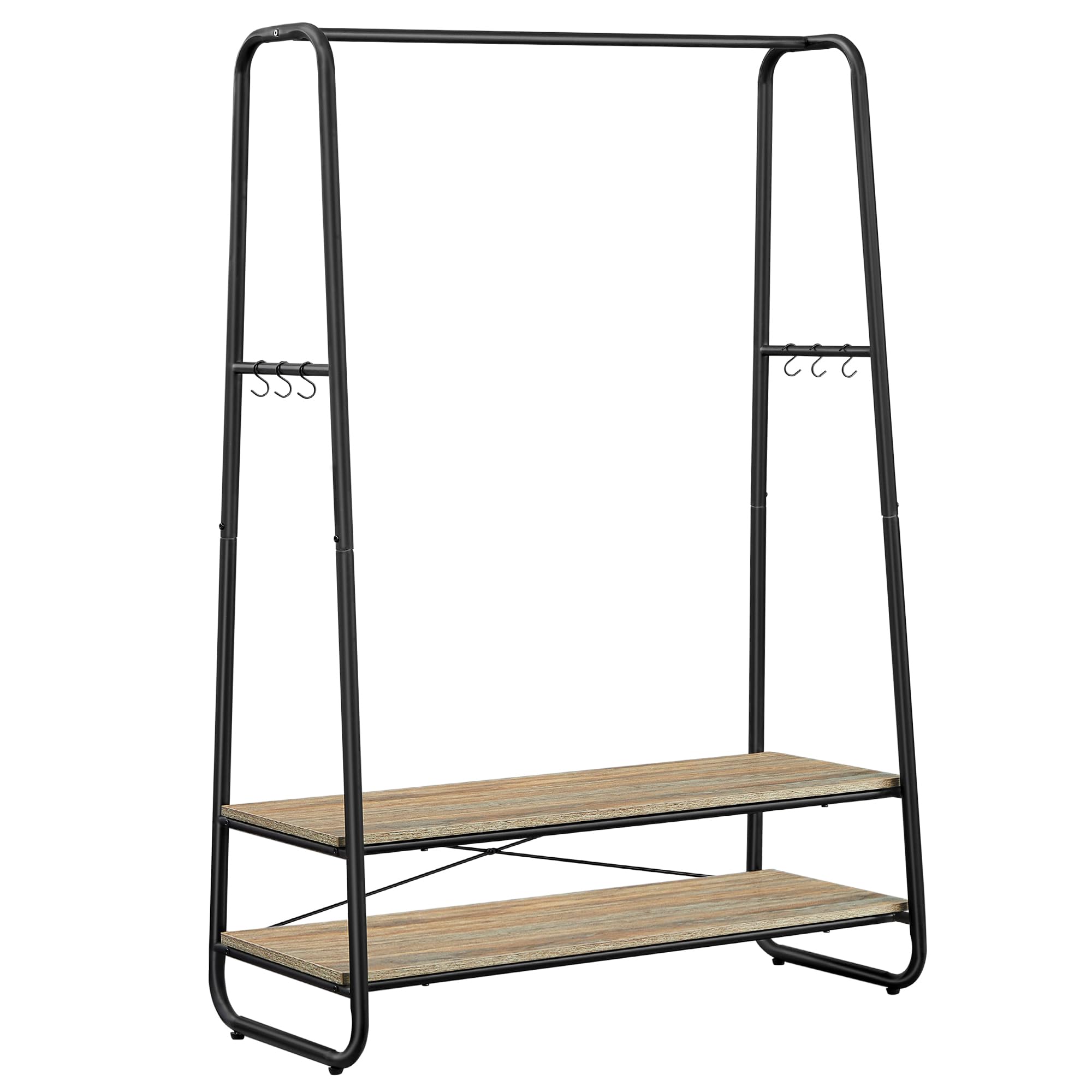 VASAGLE Clothes Rail, Clothes Rack with Shoe Shelf, 5-Tier Storage Rack, 6 Side Hooks, for Bedroom, Living Room, Natural Oak and White RGR116W09