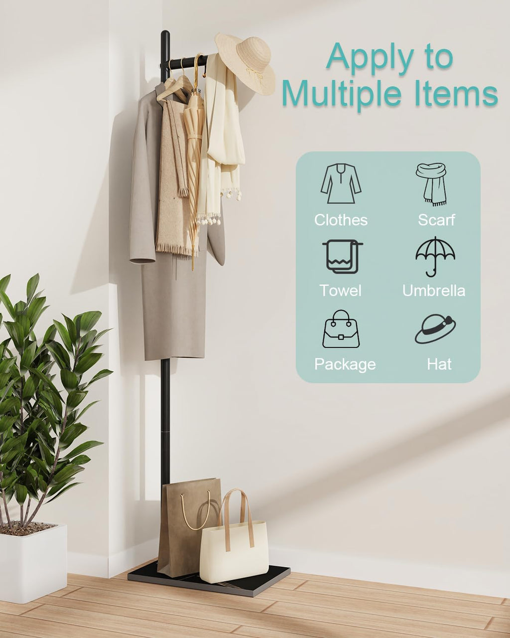Yawinhe Coat Rack Metal,174 cm Heavy Duty Coat Tree, L- shape Modern Hall Tree Free Standing with Rock Plate Base, Hanger Stand Suitable for Placing bags, Coats and Hats,Black,SMJ101B