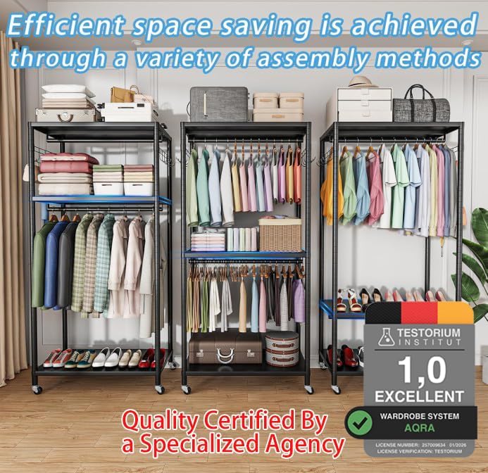 Black 2-Tier Heavy Duty Clothes Rack, 200cm with Adjustable Shelves, Double Rods & Side Hooks, 440lbs Load Capacity