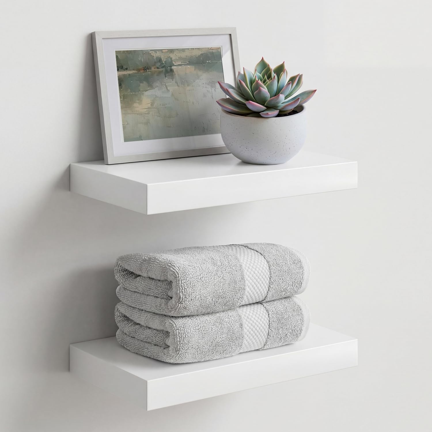 Homeforia White Floating Shelves 24 inch, High End Solid Real Wood 24inch Bathroom Floating Shelf for Wall Mounted, White Wooden 24in Floating Shelves, Heavy Duty Bracket, 24 X 6.5 X 1.75 in, Set of 2