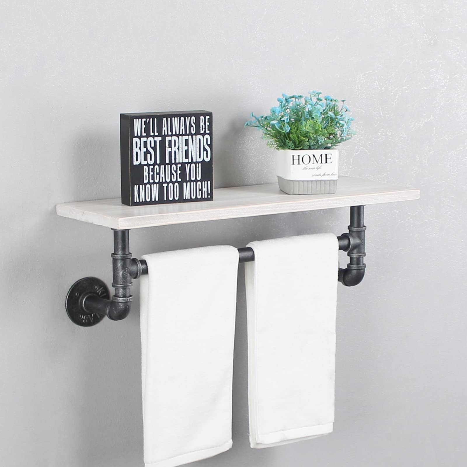 MBQQ Shelving Bathroom Pipe Shelves with Towel Bar Over Toilet, 24 inch Pine Wood Floating Shelves for Wall Mounted Bedroom,Kitchen, Farmhouse, Living Room