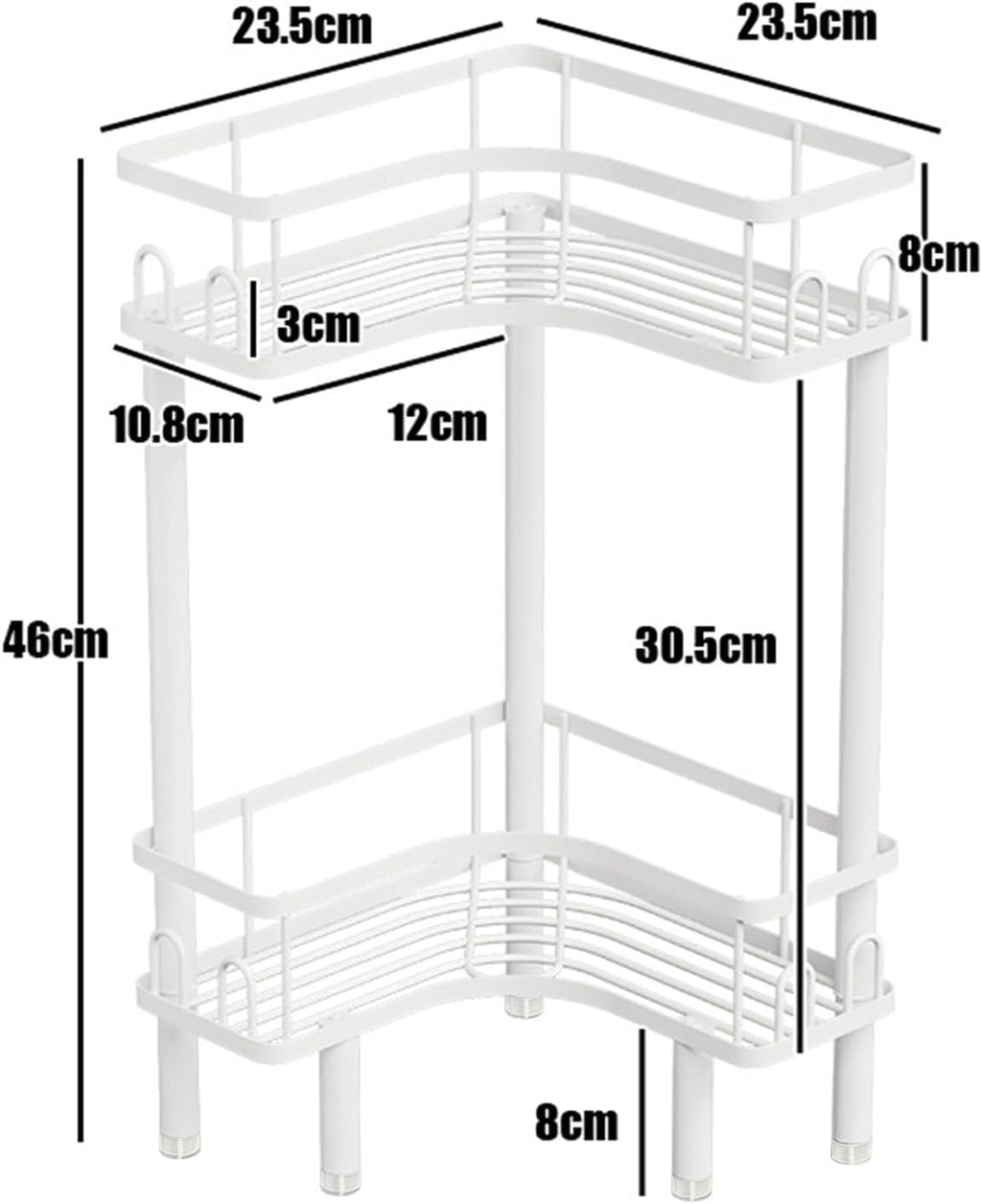 Free Standing 2 Tier Shower Caddy with 4 Hooks on Each Shelf Waterproof Corner Organizer Corner for Bathroom Kitchen Large Capacity Shower Rack (White)
