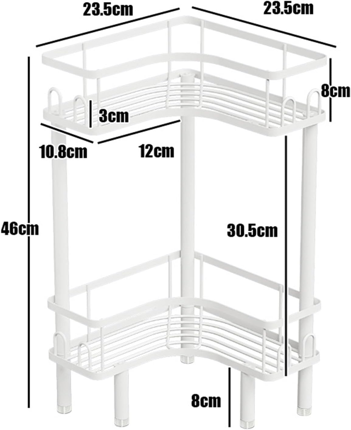 Free Standing 2 Tier Shower Caddy with 4 Hooks on Each Shelf Waterproof Corner Organizer Corner for Bathroom Kitchen Large Capacity Shower Rack (White)