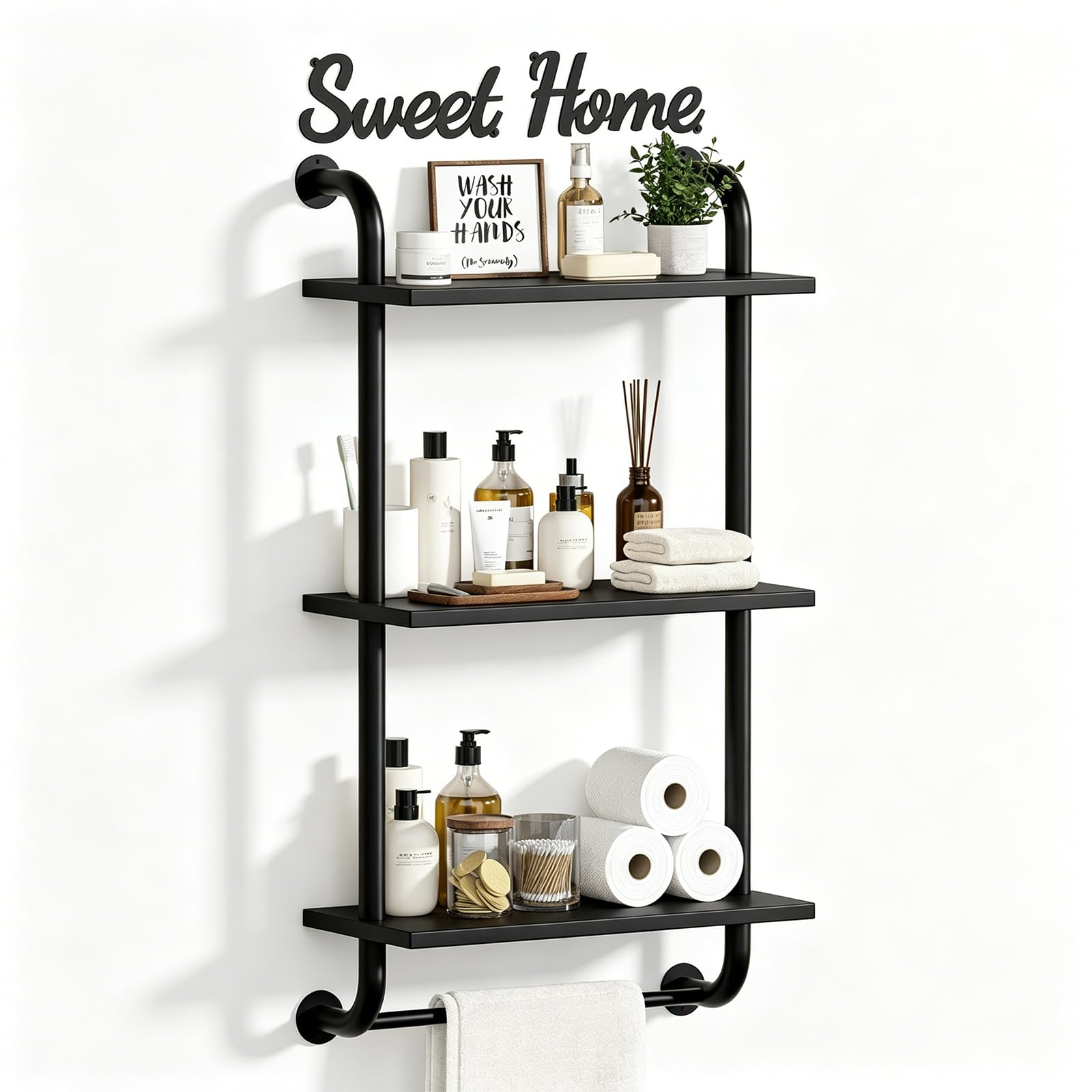 Tinpin Bathroom Shelves Wall Mounted, Rustic Farmhouse Pipe Shelves, 2-Tier, Industrial Shelving Over Toilet, Floating Shelf Decor for Bathroom, Kitchen, Bedroom, Living Room 17.3 inch