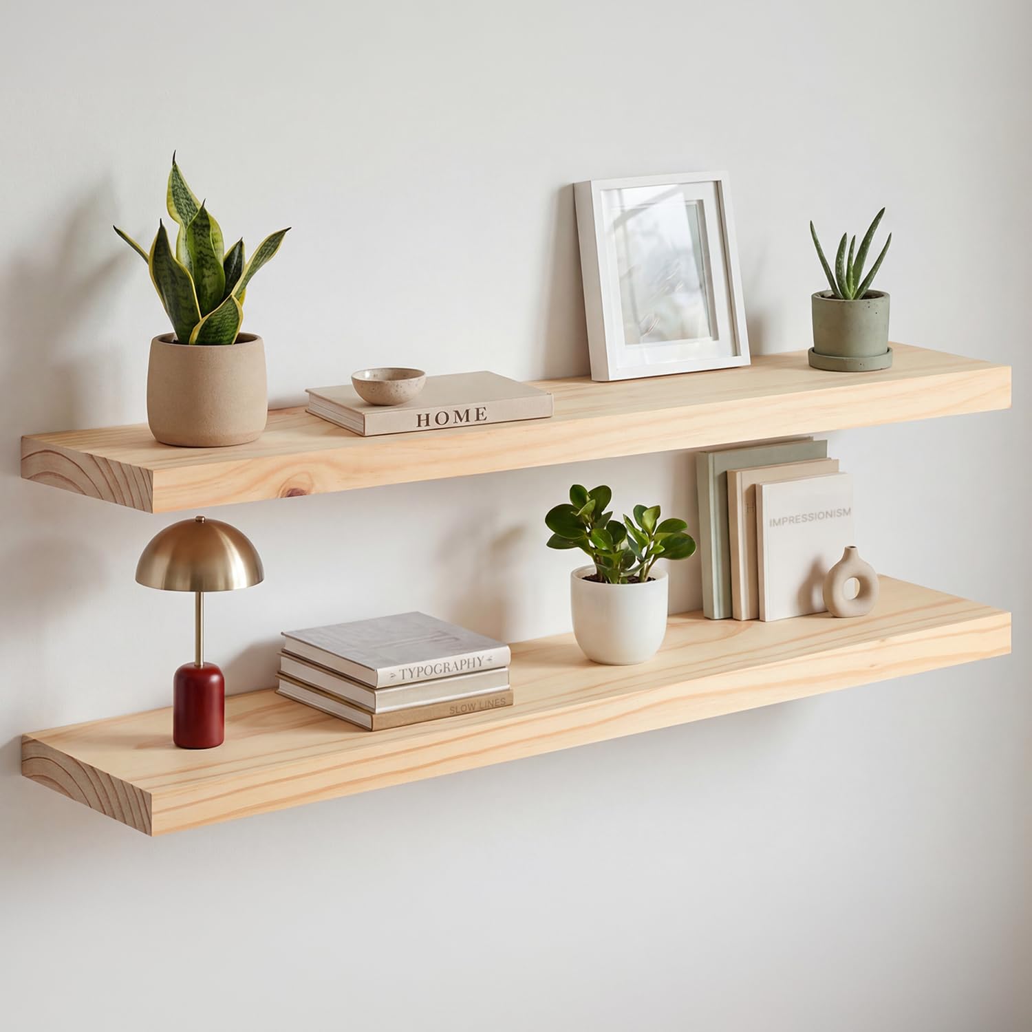 Homeforia White Floating Shelves 24 inch, High End Solid Real Wood 24inch Bathroom Floating Shelf for Wall Mounted, White Wooden 24in Floating Shelves, Heavy Duty Bracket, 24 X 6.5 X 1.75 in, Set of 2