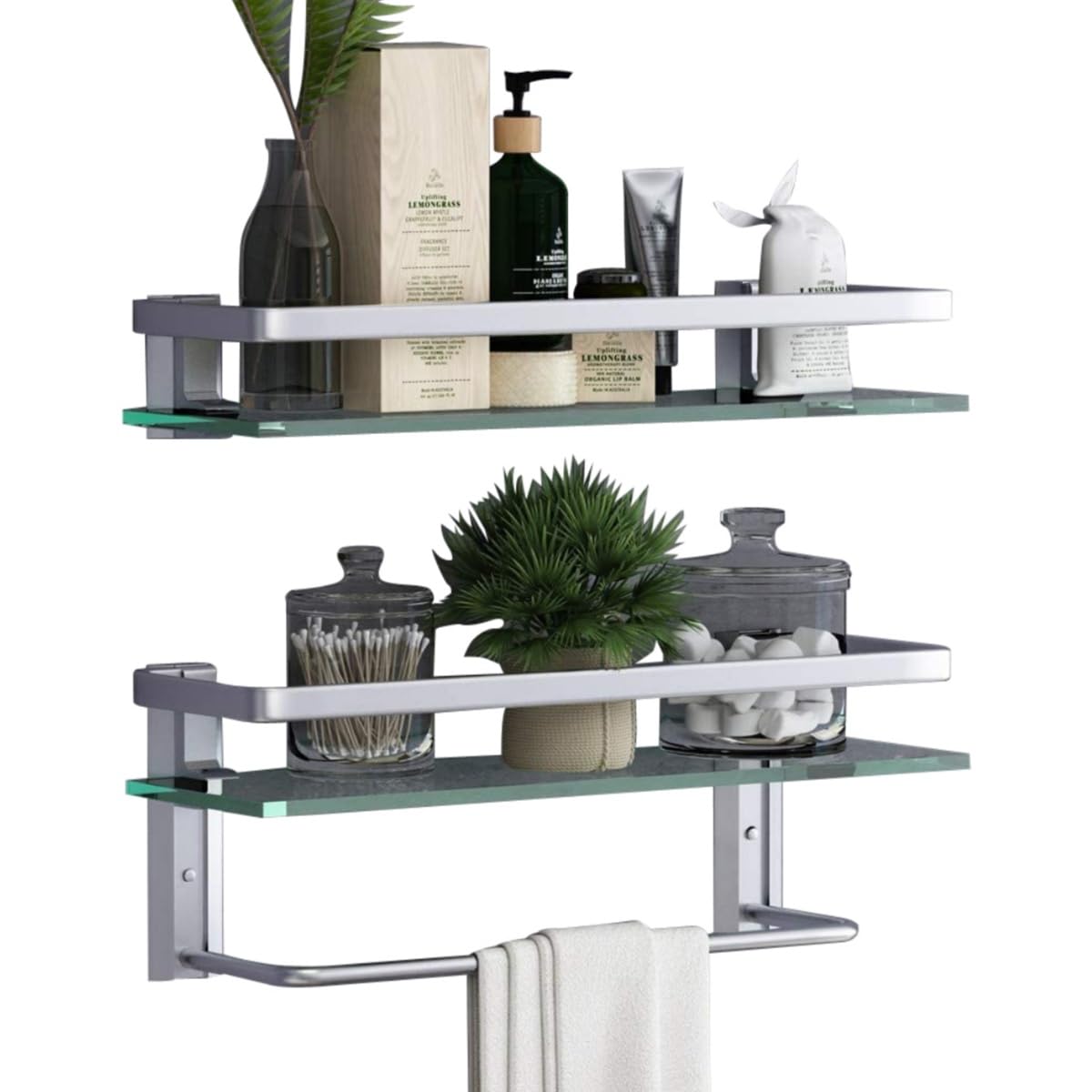 VOLPONE Glass Bathroom Shelf with Towel Bar 15.7in Bathroom Wall Shelves Rustproof Metal Bathroom Wall Organizer 2-Tier (Black)