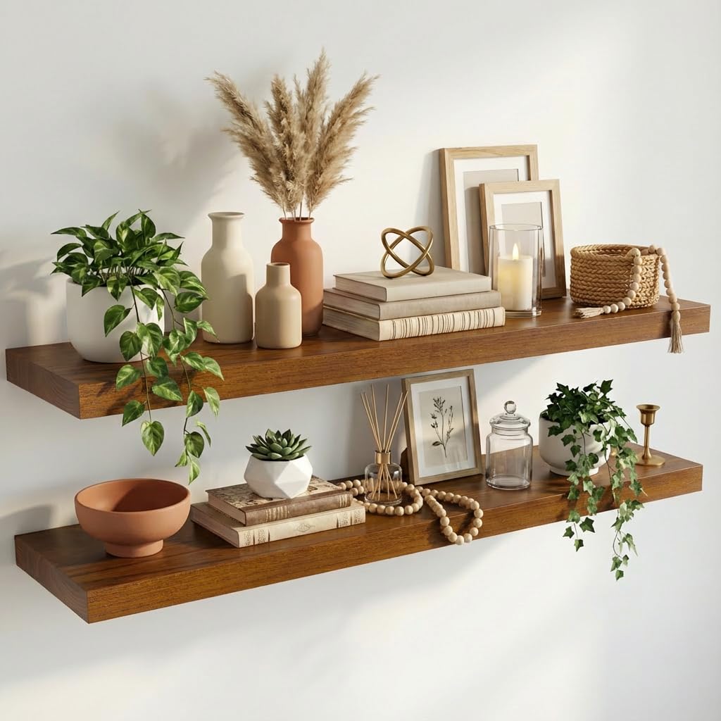 IAE Walnut Floating Wall Shelves 16 inch, Bathroom Shelves Wall Mounted,Invisible Shelf Floating Kitchen Shelves,Wooden Wall Shelving with Brackets for Living Room Wall Mounted,Easy Install,Set of 2