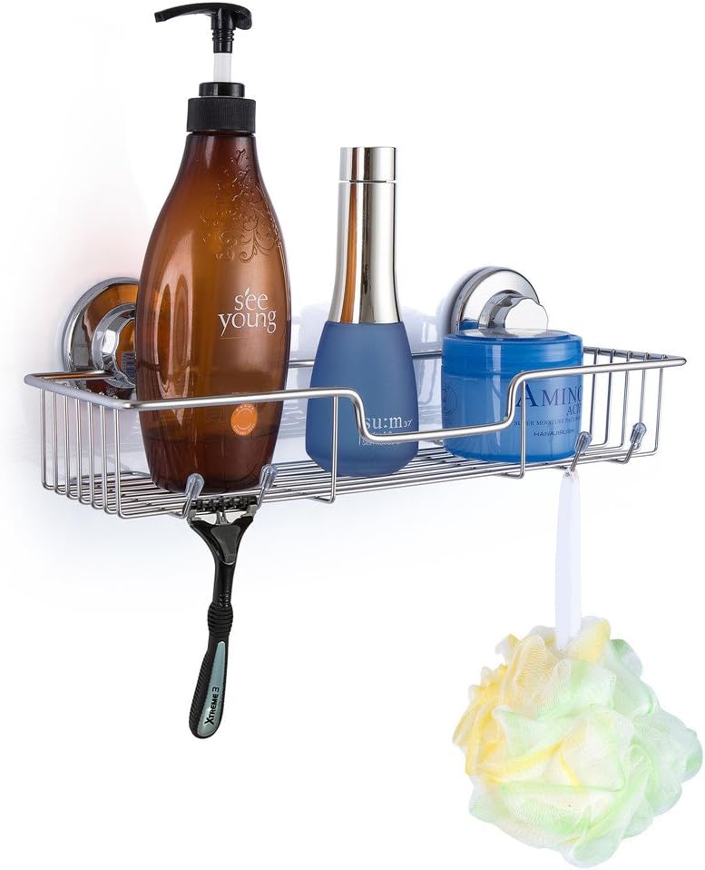 SANNO Suction Shower Caddy, Suction Cup Bathroom Shower Organiser,Bath Shelf Storage Combo Organizer Basket, Kitchen & Bathroom Accessories Shampoo Conditioner - Rustproof Stainless Steel(Set of 2)
