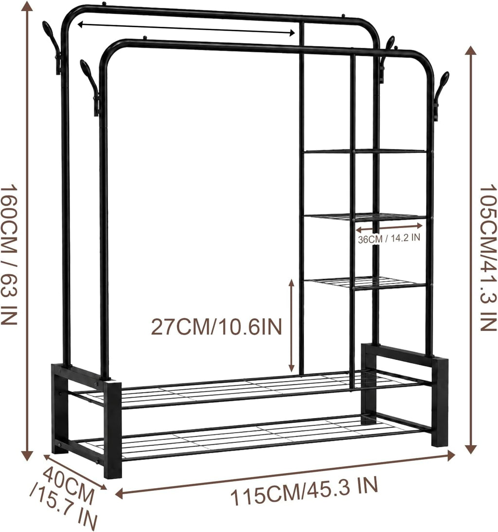 Heavy Duty Clothes Rail for Bedroom, Double Hanging Rail Metal Clothing Rail with 3 Side Shelves and 4 Coat Hooks, Freestanding Clothes Rack for Bedroom, Living Room 120kg (Black)