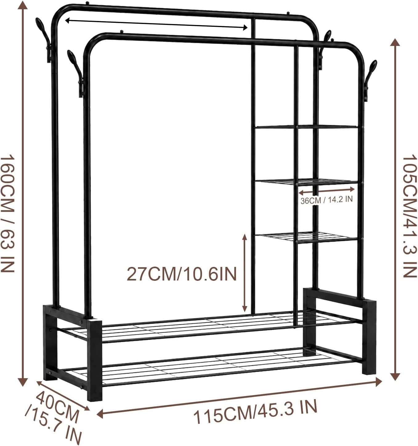 Heavy Duty Clothes Rail for Bedroom, Double Hanging Rail Metal Clothing Rail with 3 Side Shelves and 4 Coat Hooks, Freestanding Clothes Rack for Bedroom, Living Room 120kg (Black)