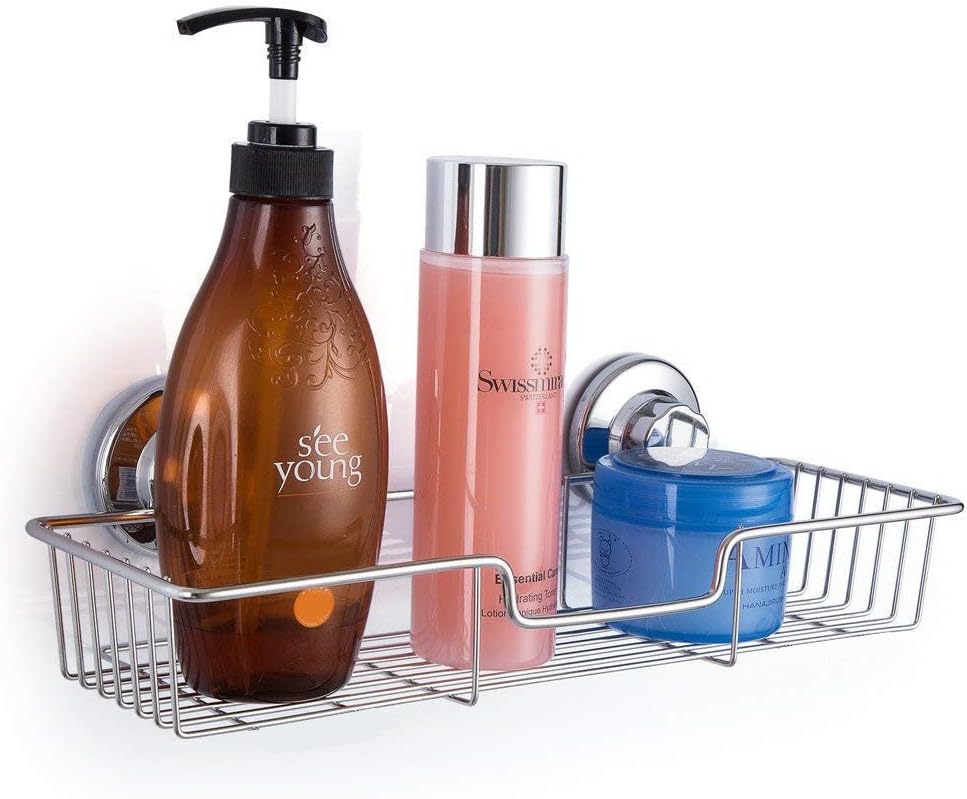 SANNO Suction Shower Caddy, Suction Cup Bathroom Shower Organiser,Bath Shelf Storage Combo Organizer Basket, Kitchen & Bathroom Accessories Shampoo Conditioner - Rustproof Stainless Steel(Set of 2)