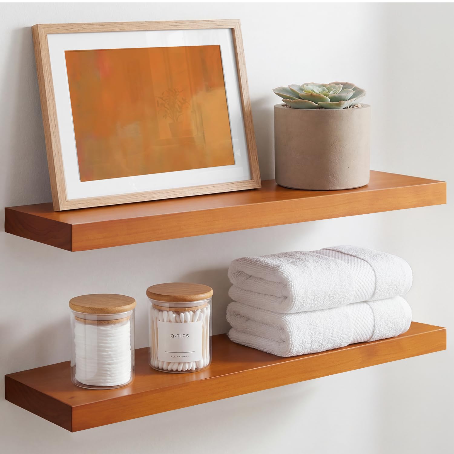 Homeforia White Floating Shelves 24 inch, High End Solid Real Wood 24inch Bathroom Floating Shelf for Wall Mounted, White Wooden 24in Floating Shelves, Heavy Duty Bracket, 24 X 6.5 X 1.75 in, Set of 2