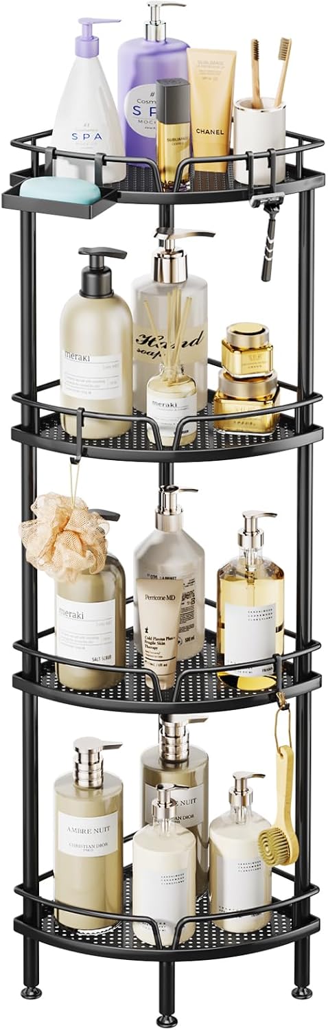 SWTYMIKI Corner Shower Caddy - 4 Tier Bathroom Shelf Organizer With 4 Hooks, Rust Free Standing With Soap Holder, Rack for Inside Bathroom Storage, Black