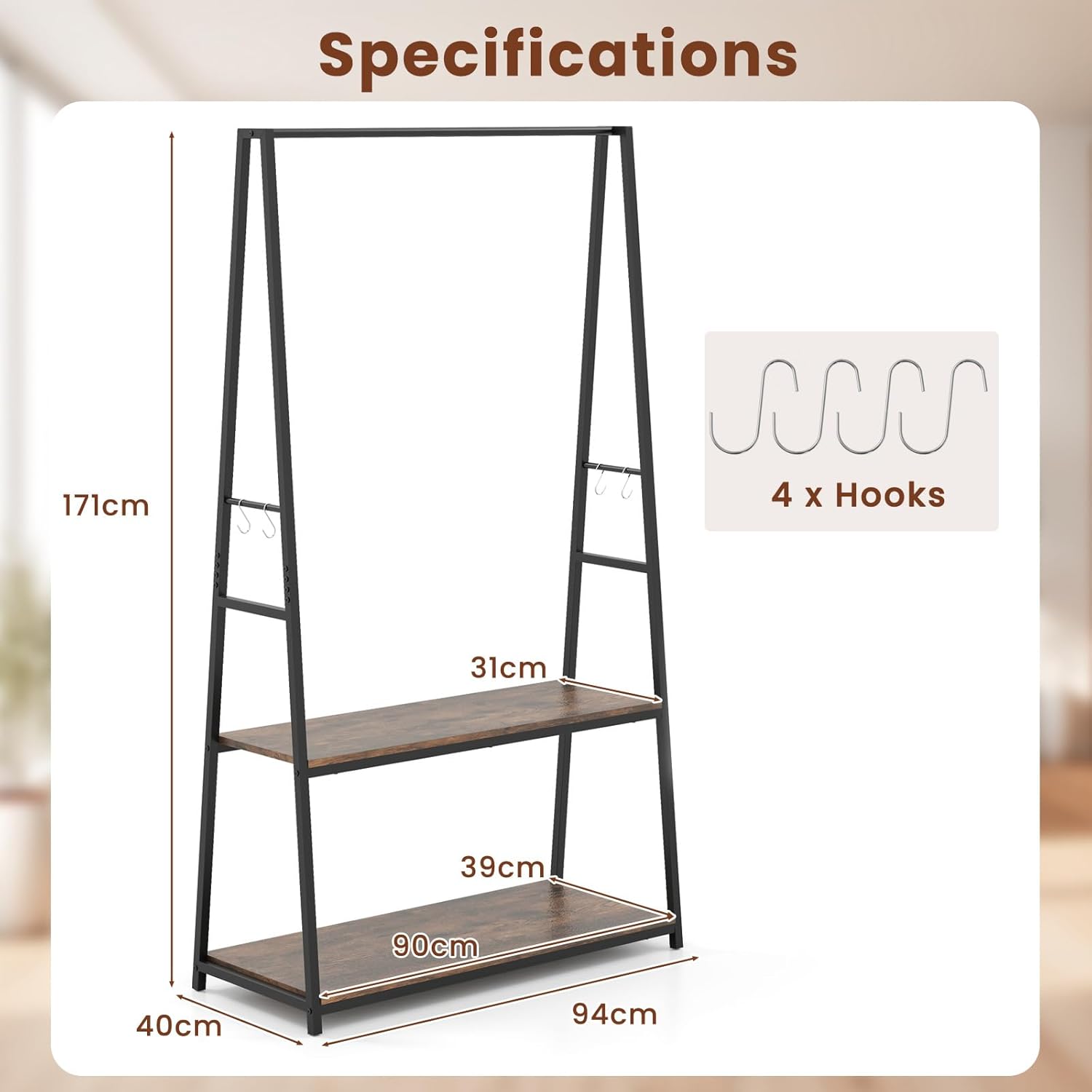 COSTWAY Clothes Rail, Freestanding Garment Rack Clothes Stand with Hanging Rail, 2 Storage Shelves and 4 Hooks, Heavy-duty Metal Frame Clothing Rack Coat Hanger for Bedroom Closet (Black+Rustic Brown)