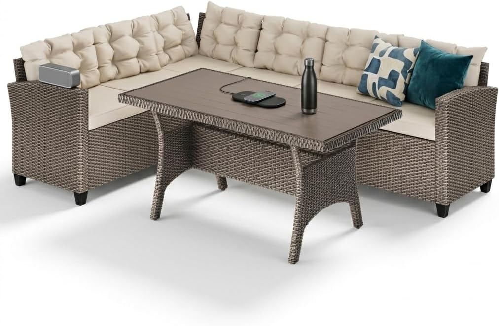 CASARIA® Lisbon Polyrattan Garden Corner Lounge Dining Table Set | Bench WPC Table Top 7cm Thick Seat Cushions | Weatherproof Outdoor Patio Seating Group Garden Furniture | Cream