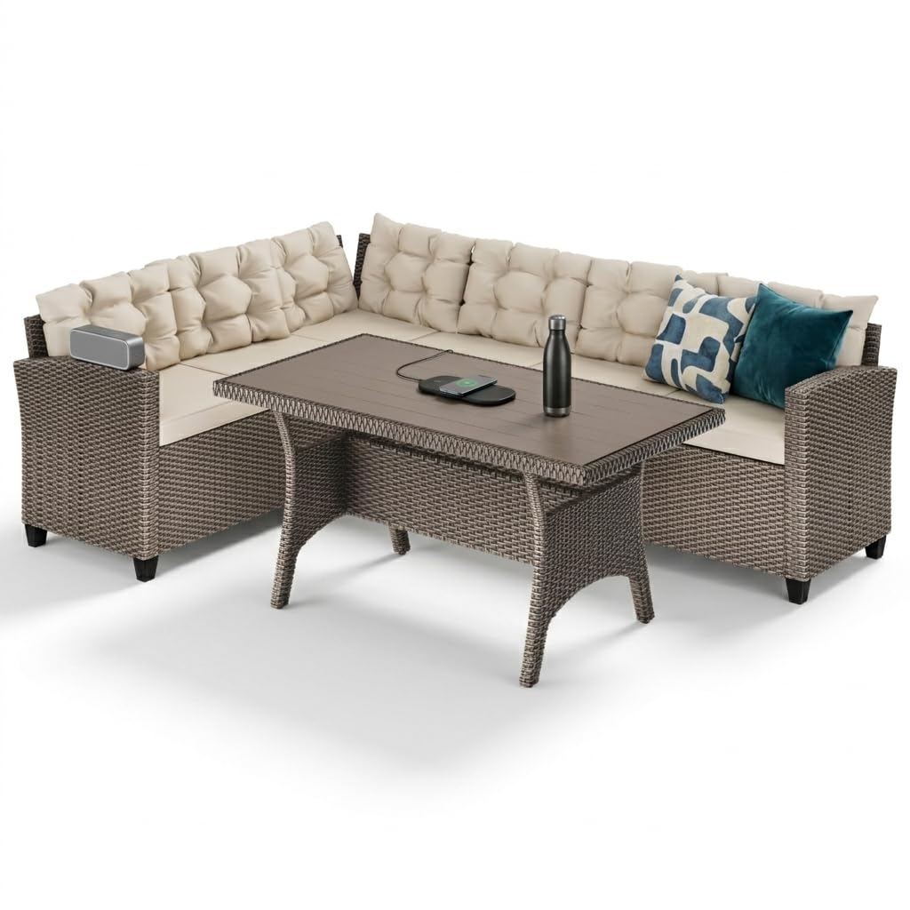 CASARIA® Lisbon Polyrattan Garden Corner Lounge Dining Table Set | Bench WPC Table Top 7cm Thick Seat Cushions | Weatherproof Outdoor Patio Seating Group Garden Furniture | Cream