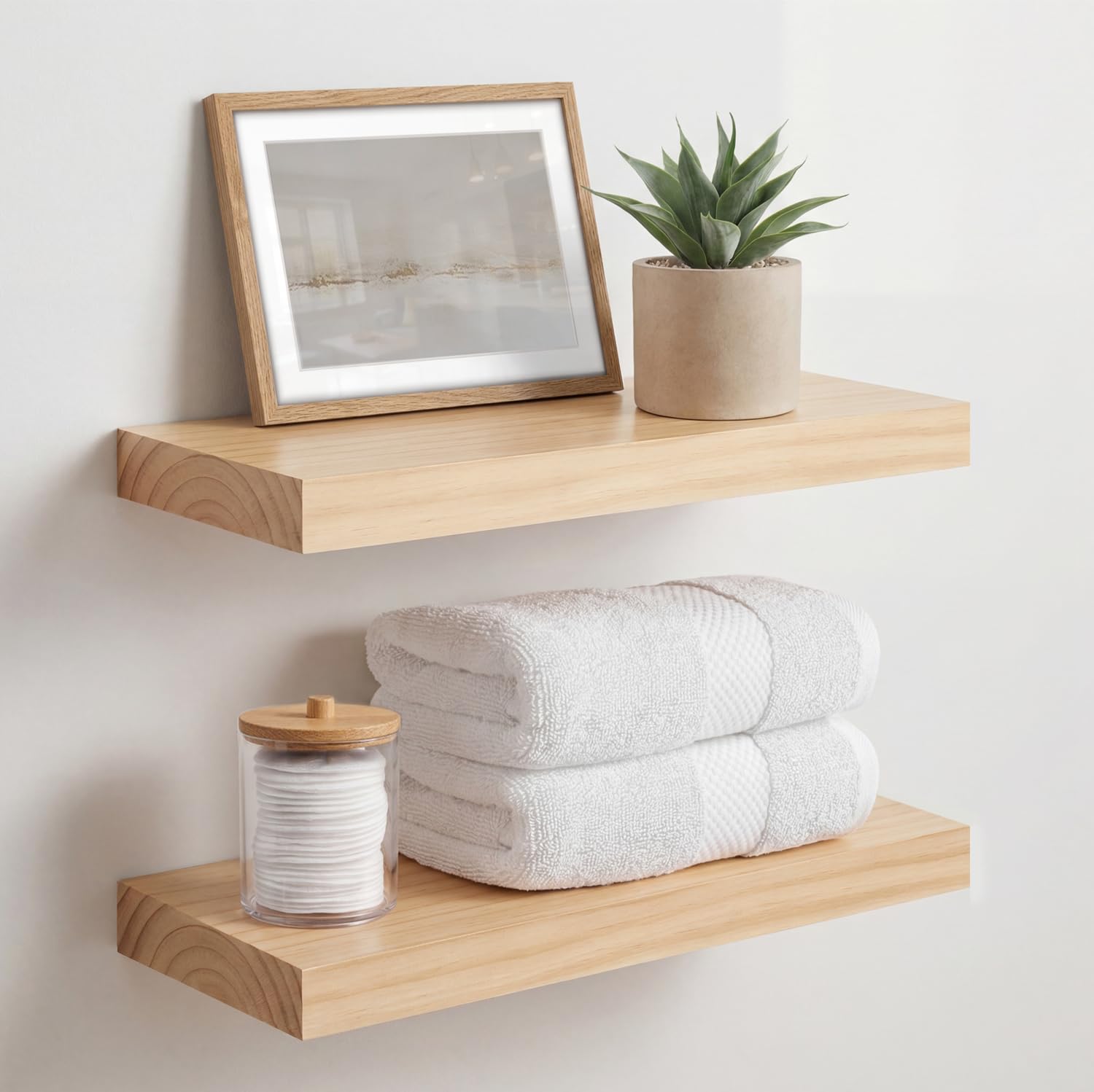 Homeforia White Floating Shelves 24 inch, High End Solid Real Wood 24inch Bathroom Floating Shelf for Wall Mounted, White Wooden 24in Floating Shelves, Heavy Duty Bracket, 24 X 6.5 X 1.75 in, Set of 2