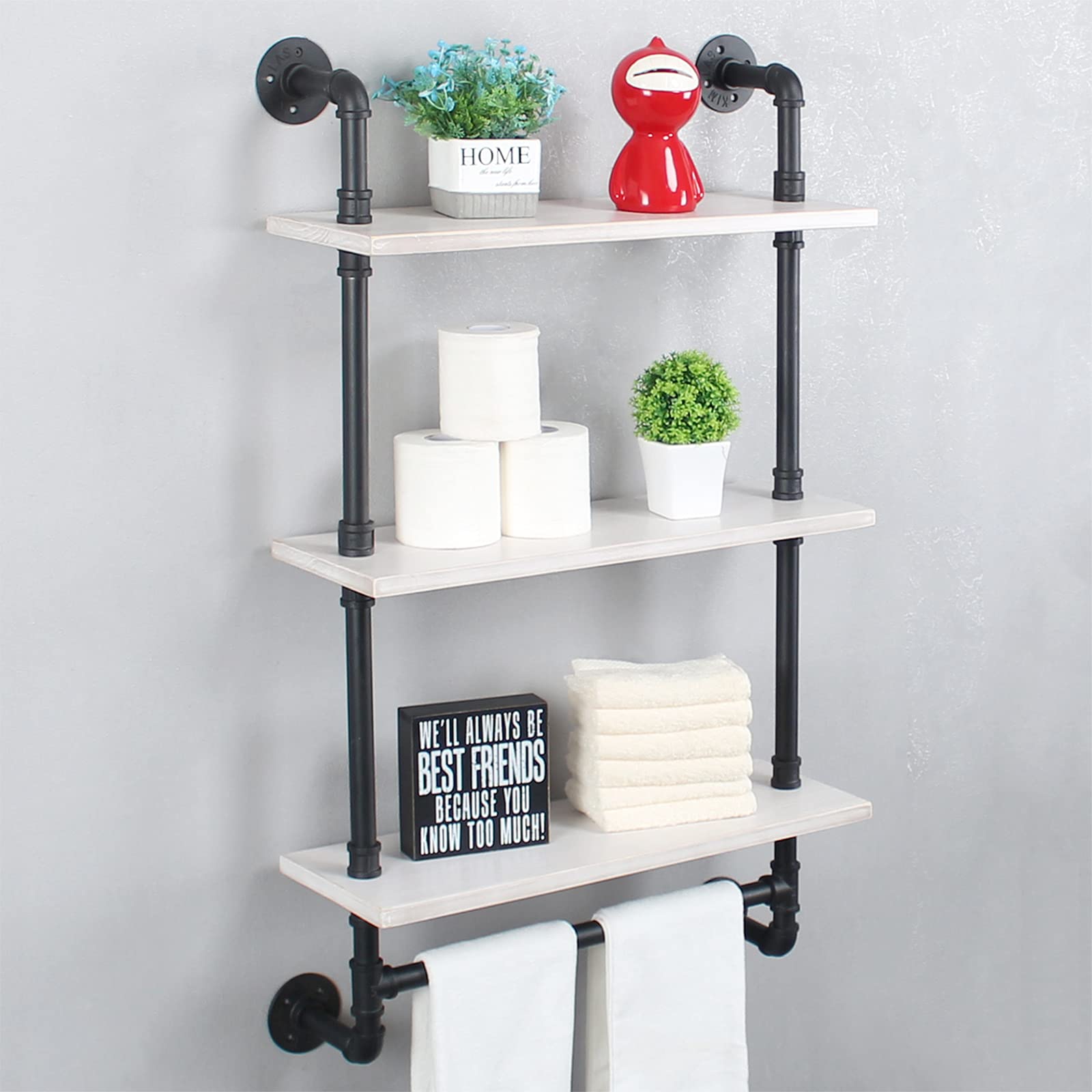 MBQQ Shelving Bathroom Pipe Shelves with Towel Bar Over Toilet, 24 inch Pine Wood Floating Shelves for Wall Mounted Bedroom,Kitchen, Farmhouse, Living Room
