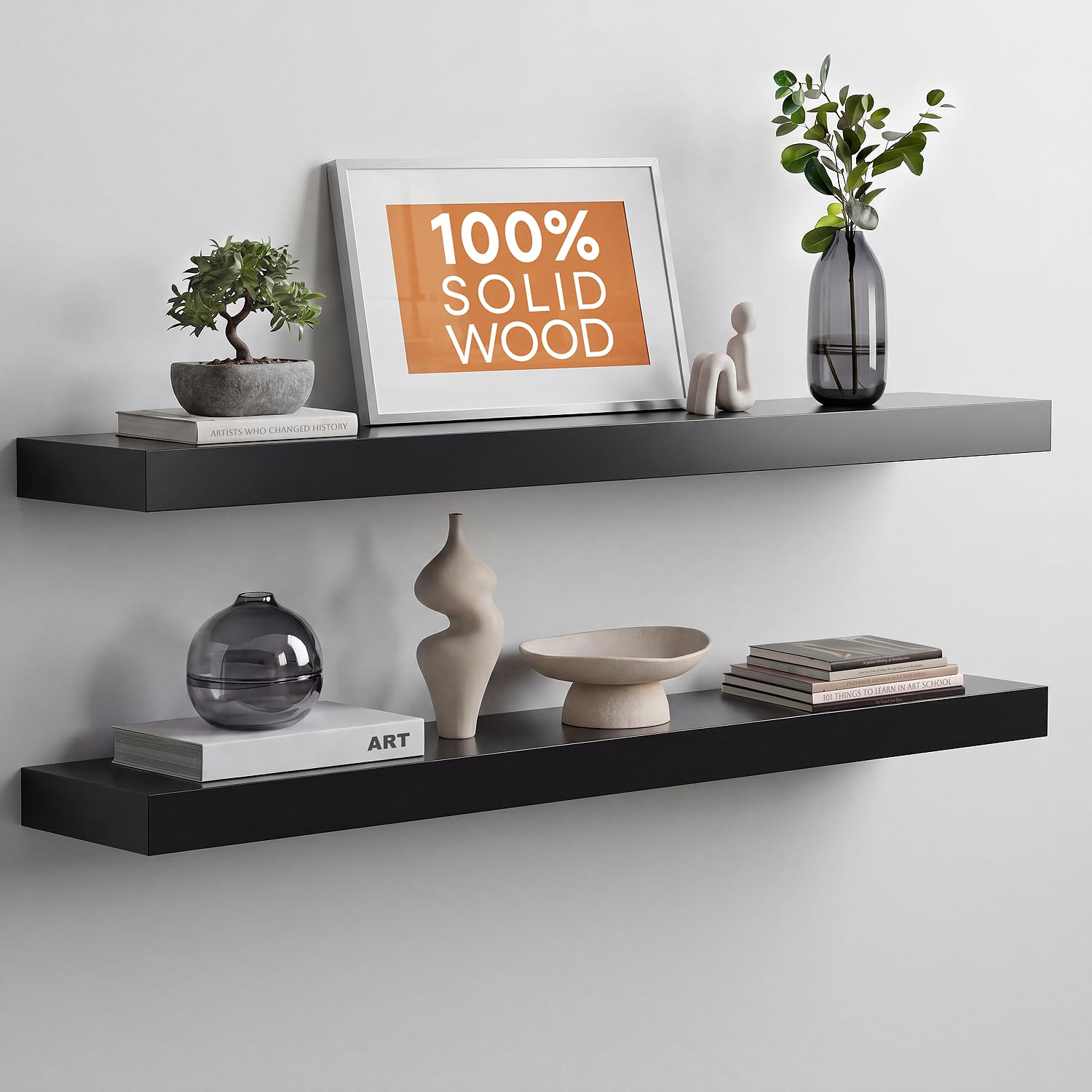 Homeforia White Floating Shelves 24 inch, High End Solid Real Wood 24inch Bathroom Floating Shelf for Wall Mounted, White Wooden 24in Floating Shelves, Heavy Duty Bracket, 24 X 6.5 X 1.75 in, Set of 2