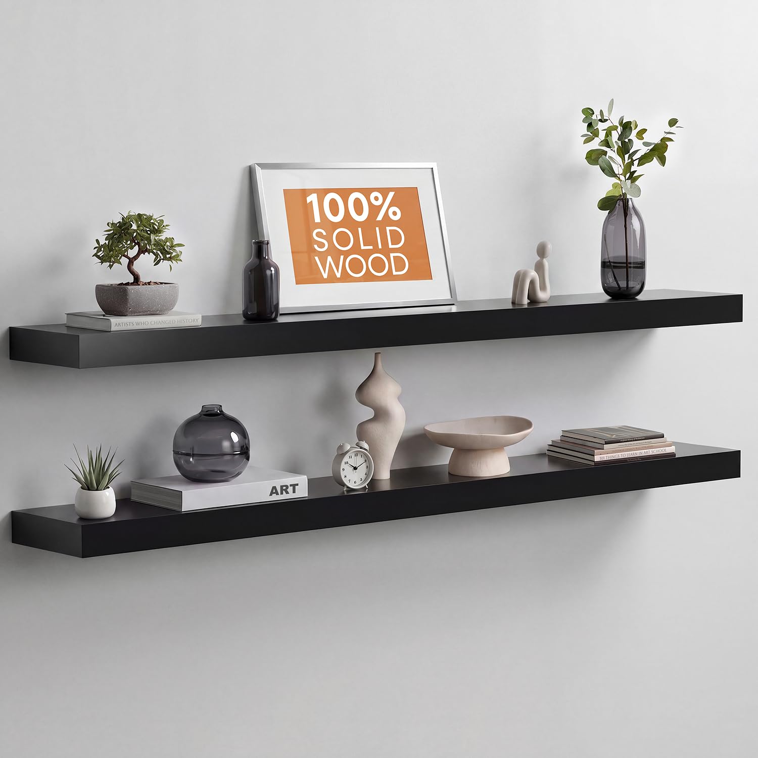 Homeforia White Floating Shelves 24 inch, High End Solid Real Wood 24inch Bathroom Floating Shelf for Wall Mounted, White Wooden 24in Floating Shelves, Heavy Duty Bracket, 24 X 6.5 X 1.75 in, Set of 2