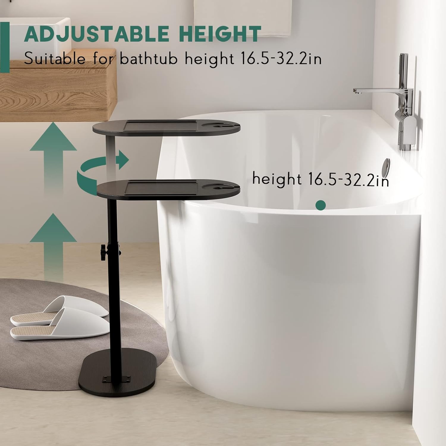 Yumkfoi Bamboo Bathtub Tray Table with Adjustable Height, Freestanding Bathtub Caddy for Tub Against Wall, Tub Organizer Suitable for Luxury Spa and House Warming Gift - Patent Protected (Black)