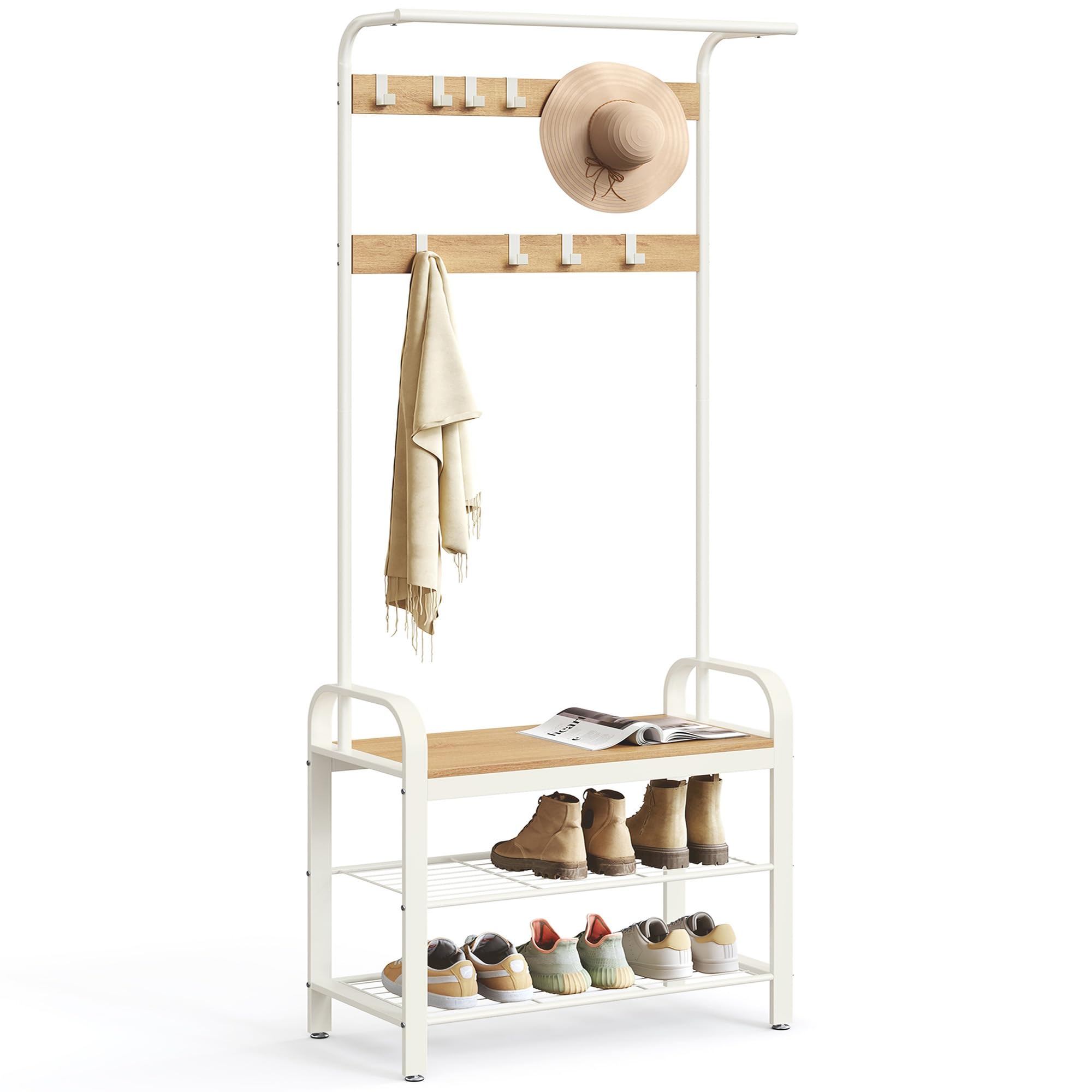 VASAGLE Coat Rack, Coat Stand with Shoe Storage Bench, 4-in-1 Design, with 9 Removable Hooks, a Clothes Rail, for Hallway, Entrance, 34 x 72 x 183 cm, Industrial, Camel Brown and Ink Black HSR040K02