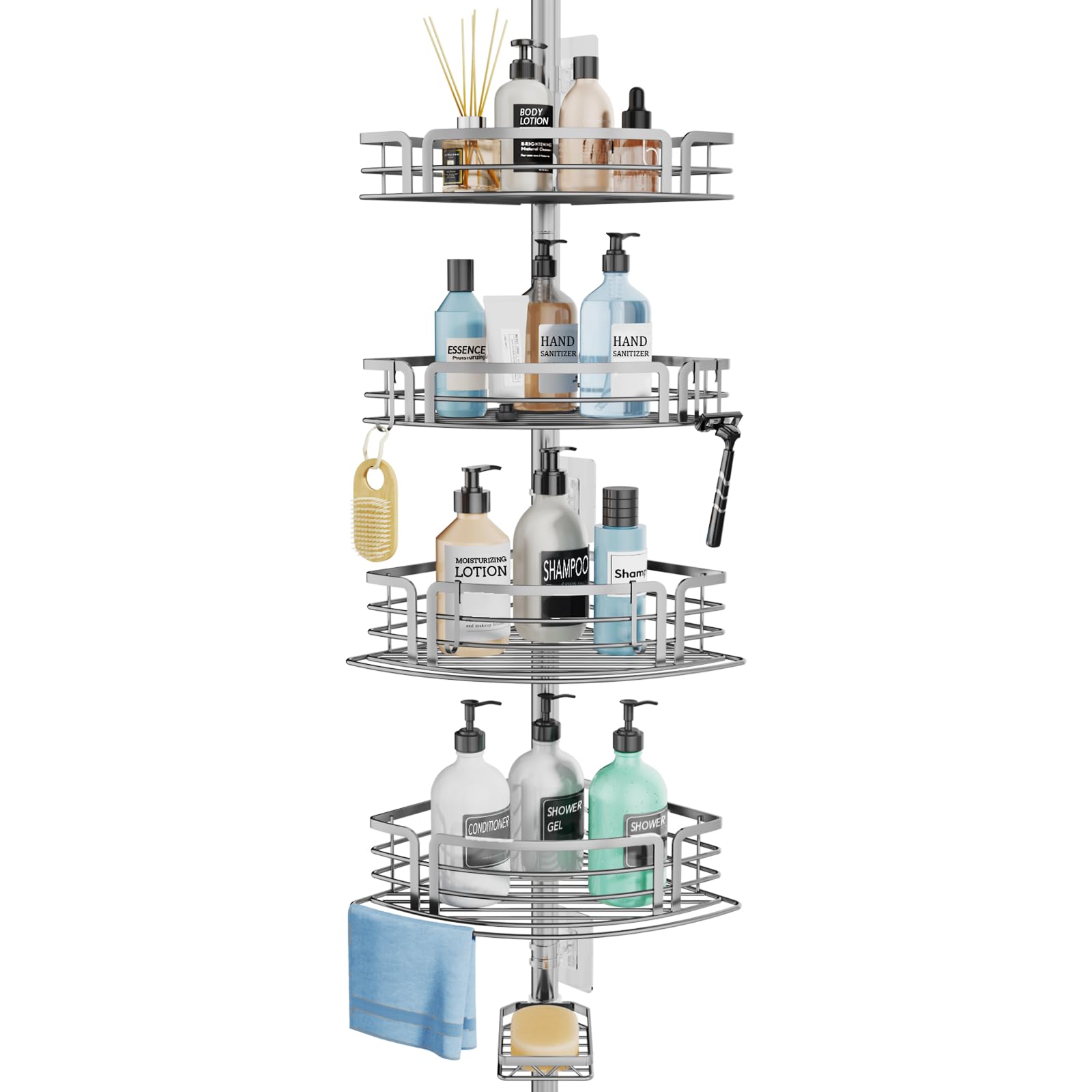 SWTYMIKI Telescopic Shower Caddy Corner - Rustproof Shower Corner Shelves with Towel Bar & Soap Holder, Adjustable No Drilling Tension Pole Shower Caddy for Bathroom With 4 Baskets, 27.6-108.3 inch