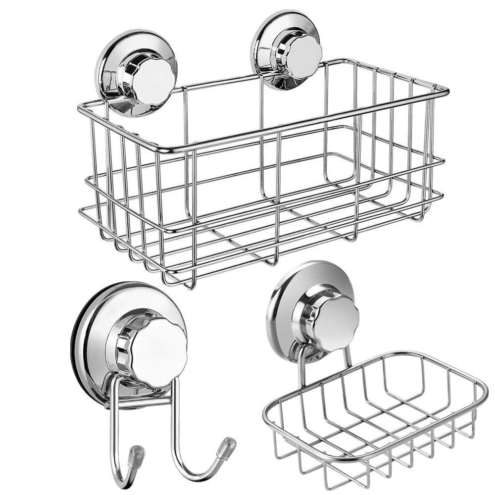 SANNO Suction Shower Caddy, Suction Cup Bathroom Shower Organiser,Bath Shelf Storage Combo Organizer Basket, Kitchen & Bathroom Accessories Shampoo Conditioner - Rustproof Stainless Steel(Set of 2)