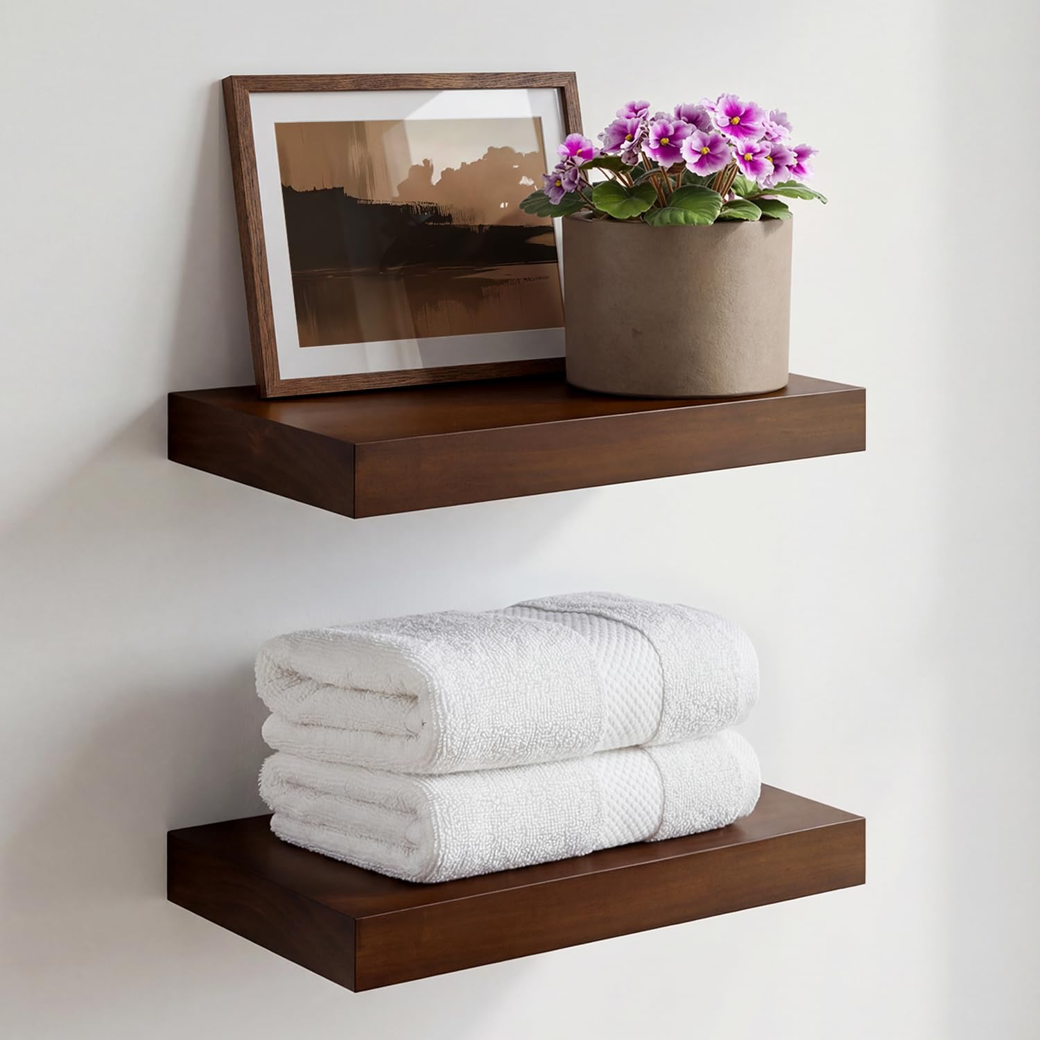 Homeforia White Floating Shelves 24 inch, High End Solid Real Wood 24inch Bathroom Floating Shelf for Wall Mounted, White Wooden 24in Floating Shelves, Heavy Duty Bracket, 24 X 6.5 X 1.75 in, Set of 2