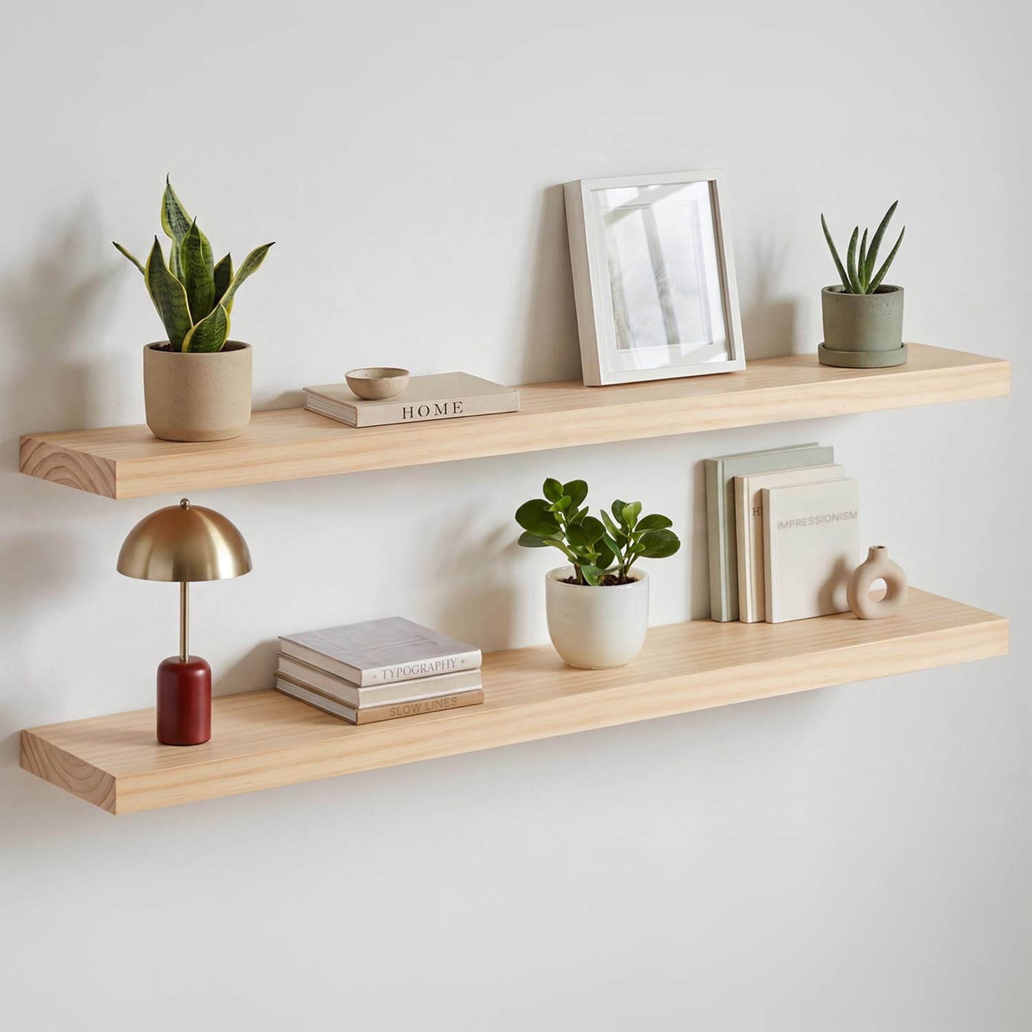 Homeforia White Floating Shelves 24 inch, High End Solid Real Wood 24inch Bathroom Floating Shelf for Wall Mounted, White Wooden 24in Floating Shelves, Heavy Duty Bracket, 24 X 6.5 X 1.75 in, Set of 2