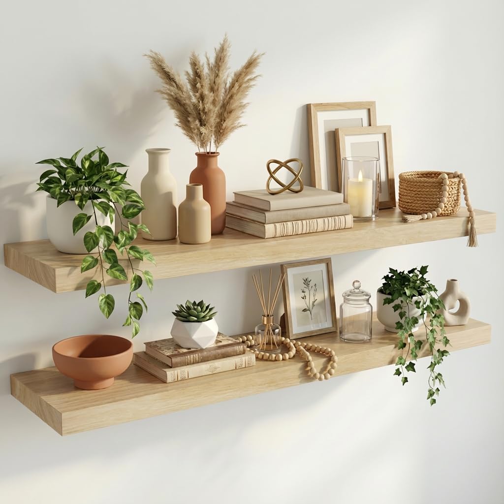 IAE Walnut Floating Wall Shelves 16 inch, Bathroom Shelves Wall Mounted,Invisible Shelf Floating Kitchen Shelves,Wooden Wall Shelving with Brackets for Living Room Wall Mounted,Easy Install,Set of 2