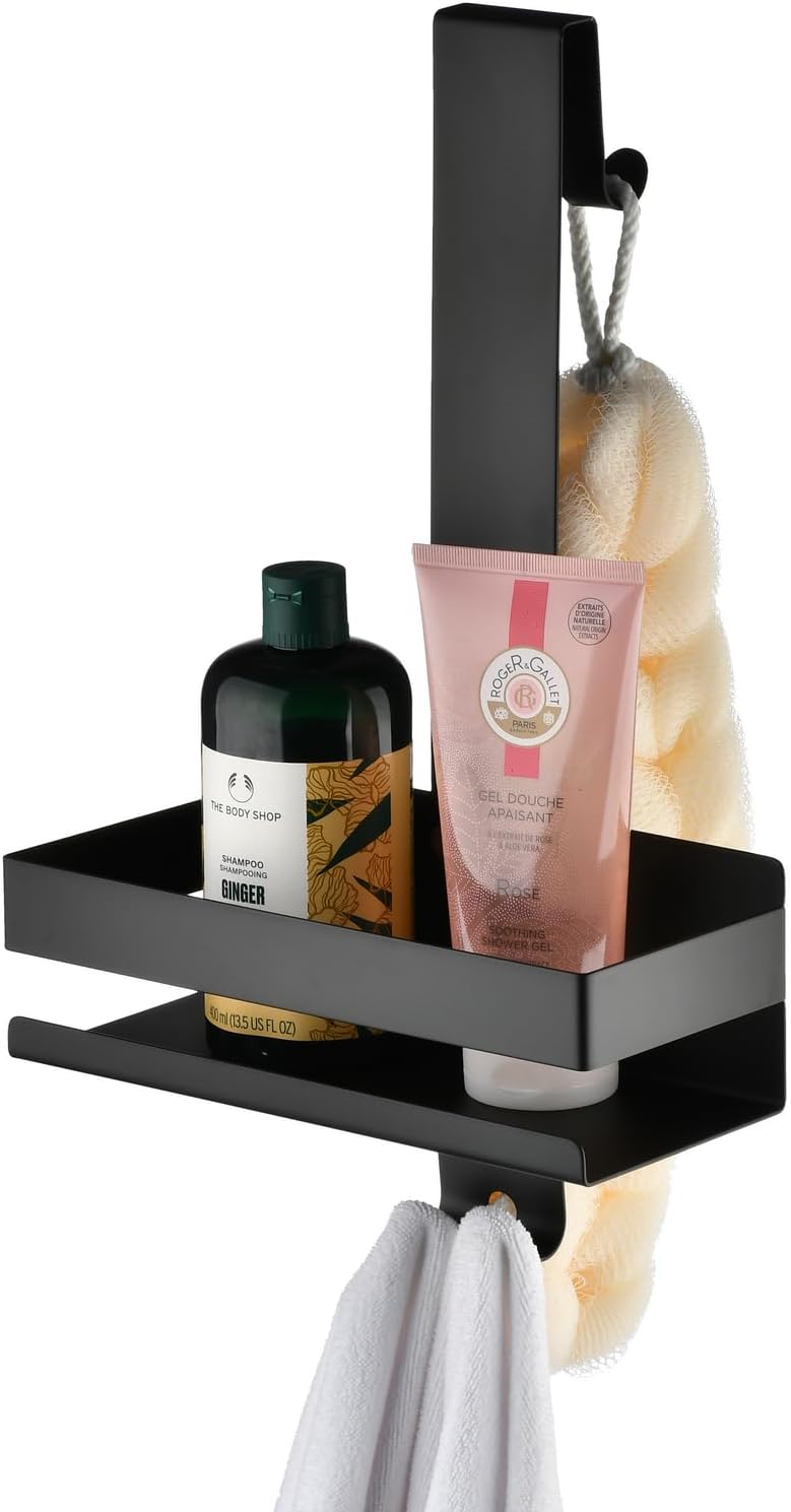 NEWRAIN Shower Caddy Hanging, Over Door Stainless Steel Double Layer Shower Shelf, No Drilling Bathroom Storage for Glass Door with Hooks, Gold