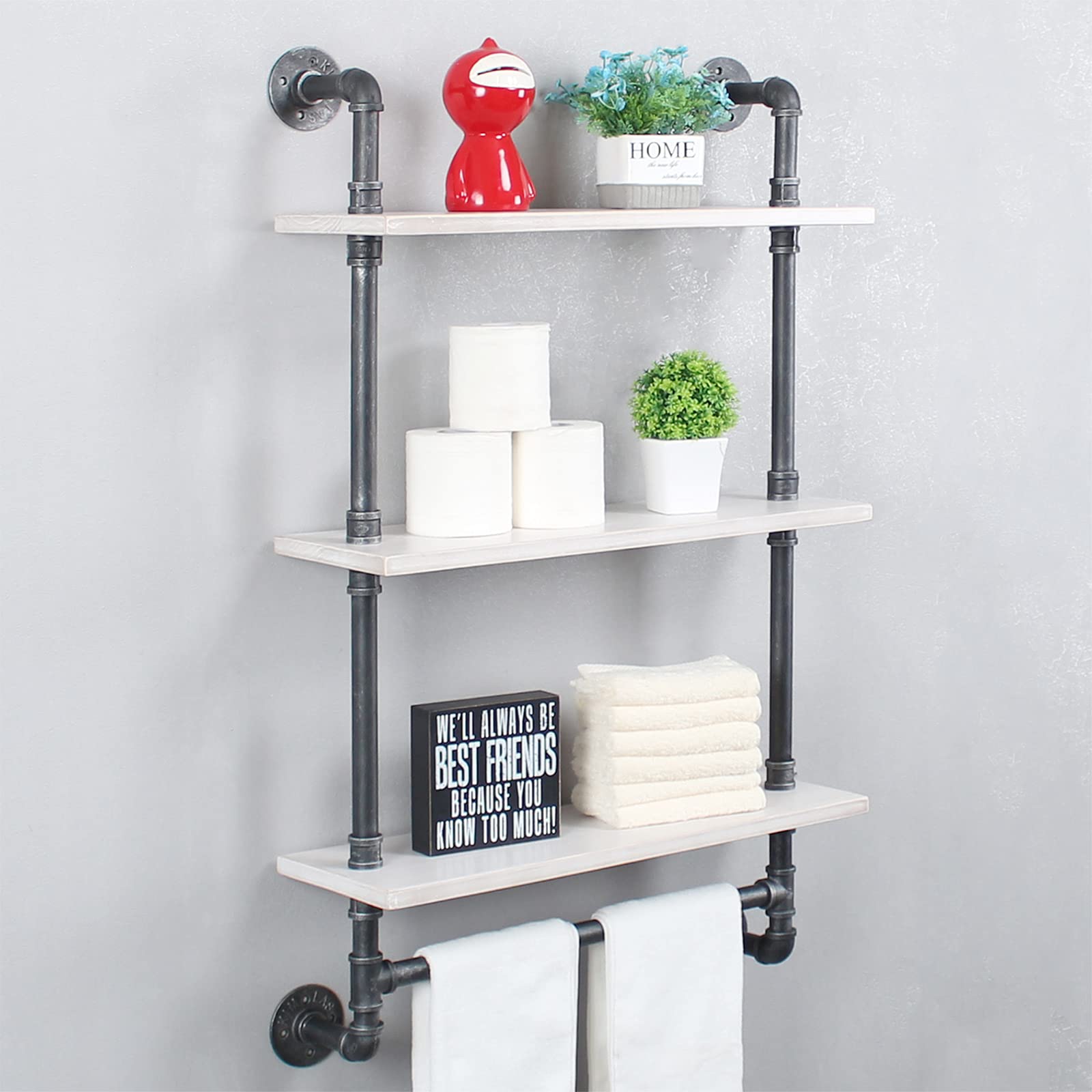 MBQQ Shelving Bathroom Pipe Shelves with Towel Bar Over Toilet, 24 inch Pine Wood Floating Shelves for Wall Mounted Bedroom,Kitchen, Farmhouse, Living Room