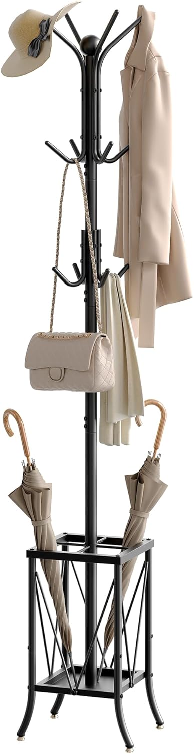 CHOEZON Coat Stand with Umbrella Holder, Coat Rack Freestanding, Entryway Hanger Stand with12 Hooks, Metal Hall Tree for Bags, Coats, Hats, Entryway, Hallway, Living Room, Bedroom, Black DTYM01BB