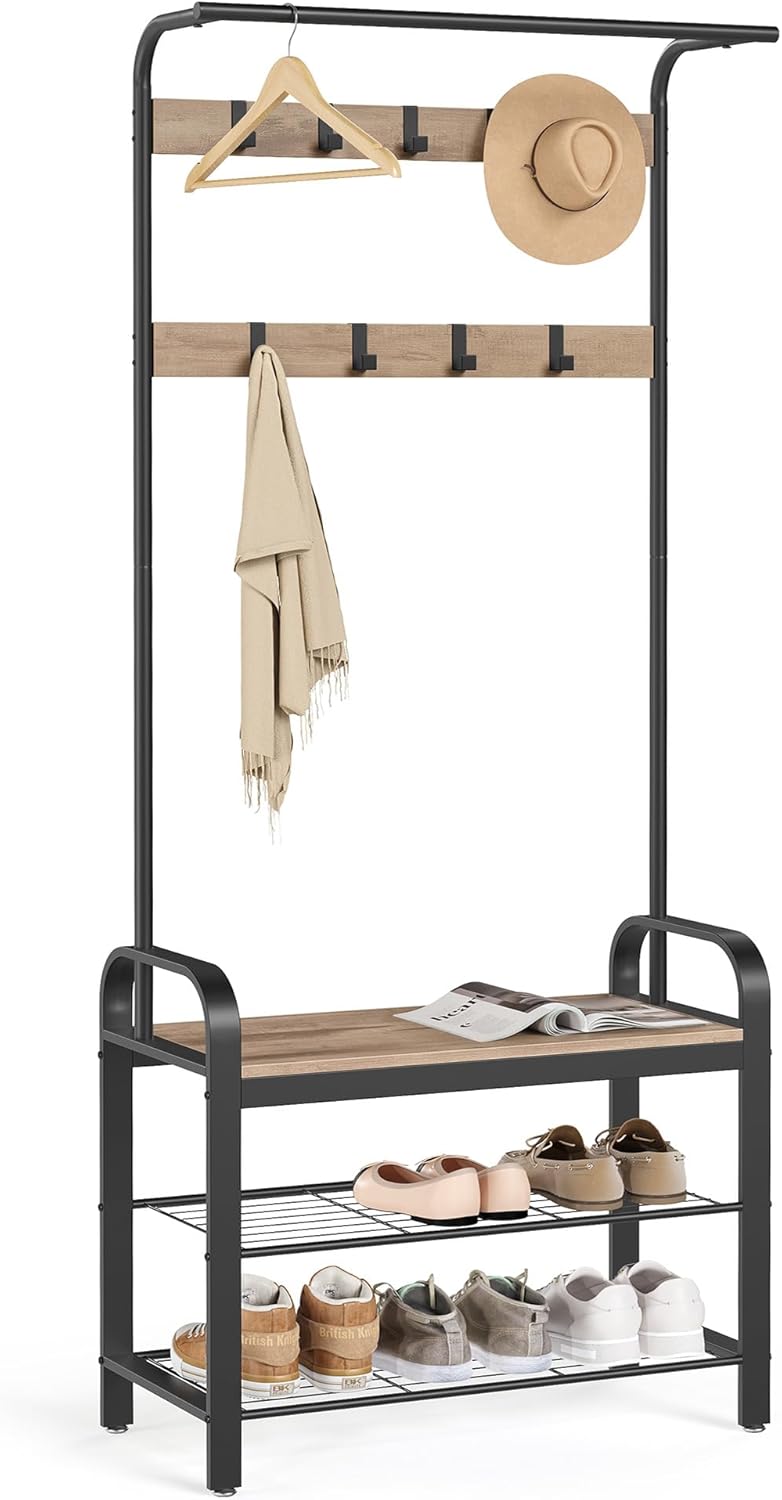 VASAGLE Coat Rack, Coat Stand with Shoe Storage Bench, 4-in-1 Design, with 9 Removable Hooks, a Clothes Rail, for Hallway, Entrance, 34 x 72 x 183 cm, Industrial, Camel Brown and Ink Black HSR040K02